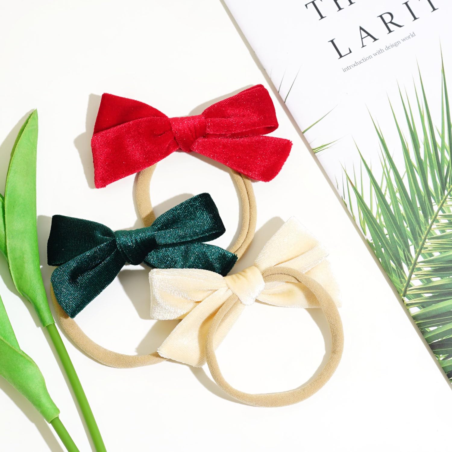 Jeffan 3Pcs 3.75" Velvet Baby Bows Headbands, Nylon Hairbands Elastic Hair Accessories for Newborn Infant Toddlers(Red, Beige, Dark Green)