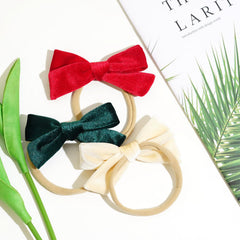 Jeffan 3Pcs 3.75" Velvet Baby Bows Headbands, Nylon Hairbands Elastic Hair Accessories for Newborn Infant Toddlers(Red, Beige, Dark Green)