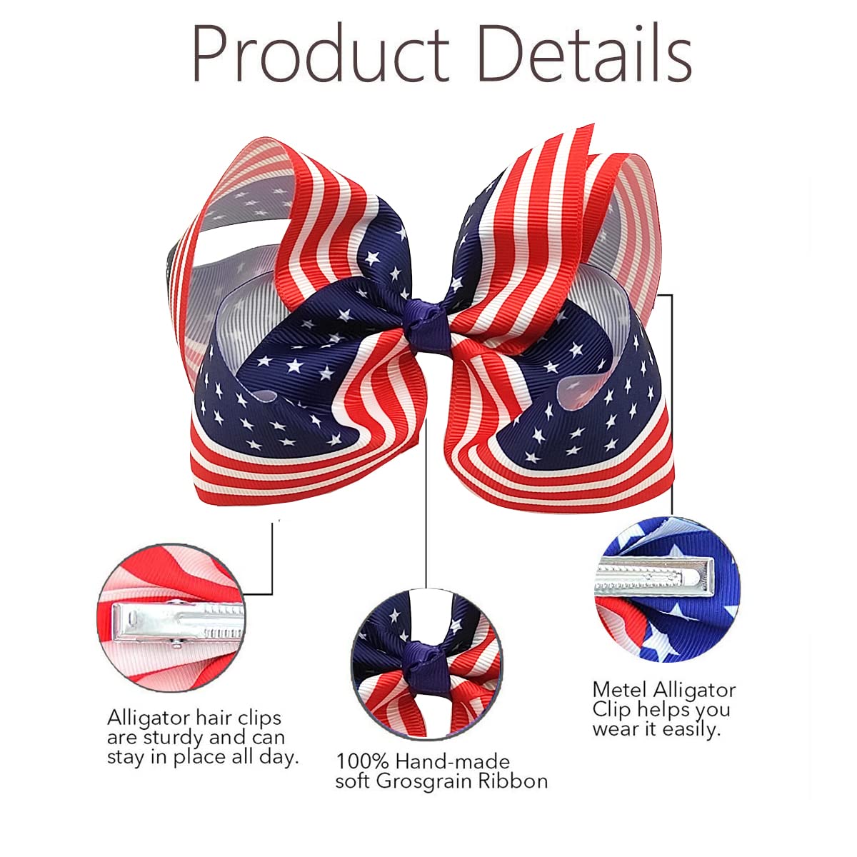 Usa Bows for Girls,6PCS Hand-made Grosgrain Ribbon Hair Bows Alligator Clips Hair Accessories for Little Teen Toddler Girls Kids (Red White Blue)