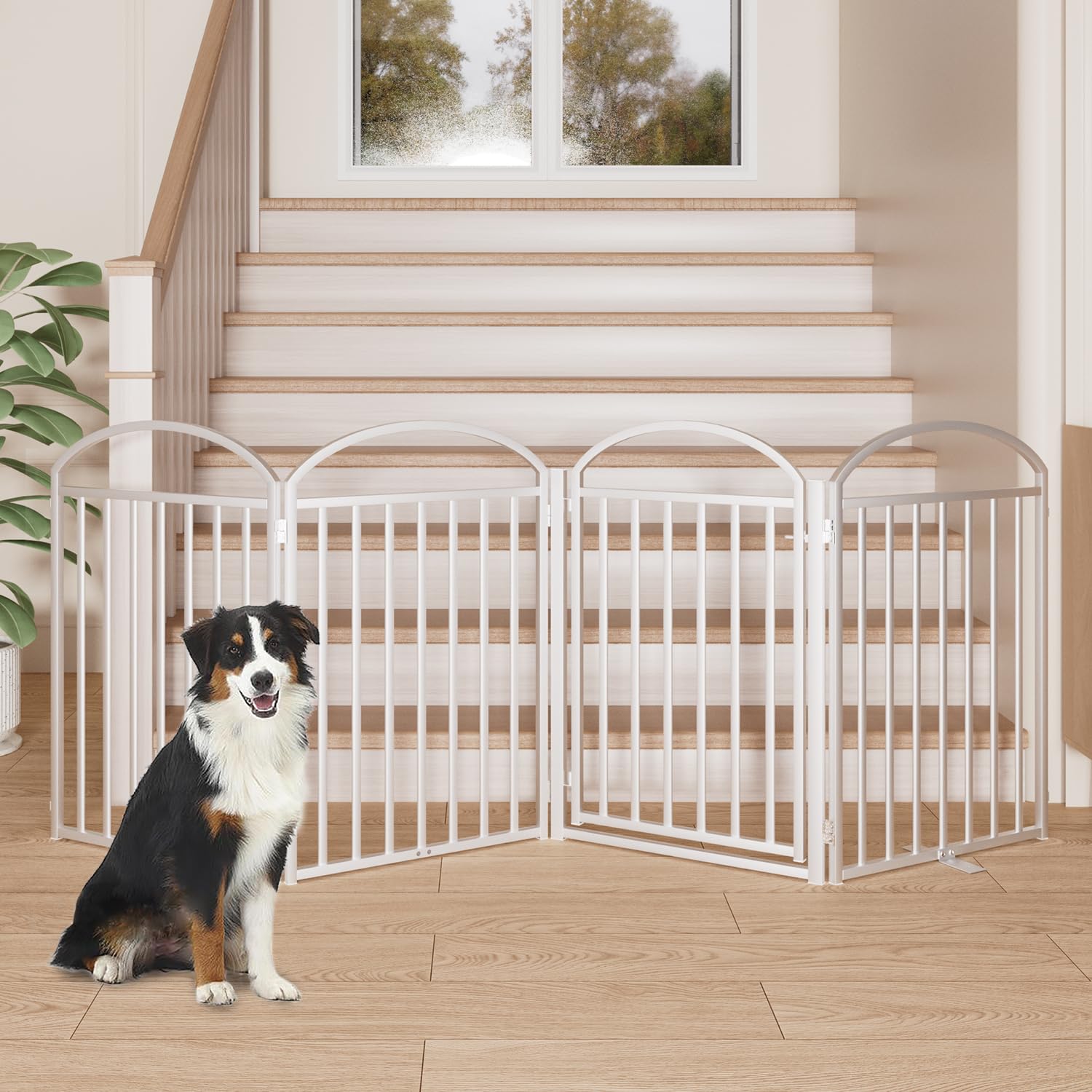 SNUOWU 4 Panles Full Matel Freestanding Dog Gates with Door, 96"Extra Wide 32"Tall Free Standing Dog Pet Gate for Indoor & Outdoor. Foldable Pet Fences for Doorways, House, Stairs, Porch, Deck, Yard