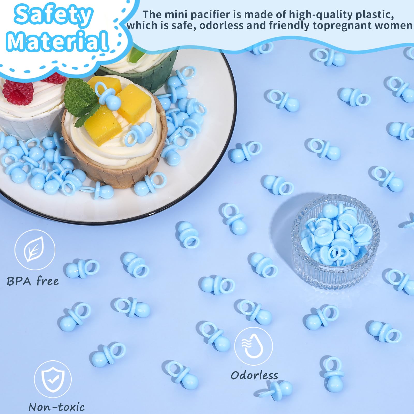 ZYFLSQ 200 Mini Pacifiers Baby Shower Game — Blue 0.86” Plastic Pacifiers for Gender Reveal & DIY Decor