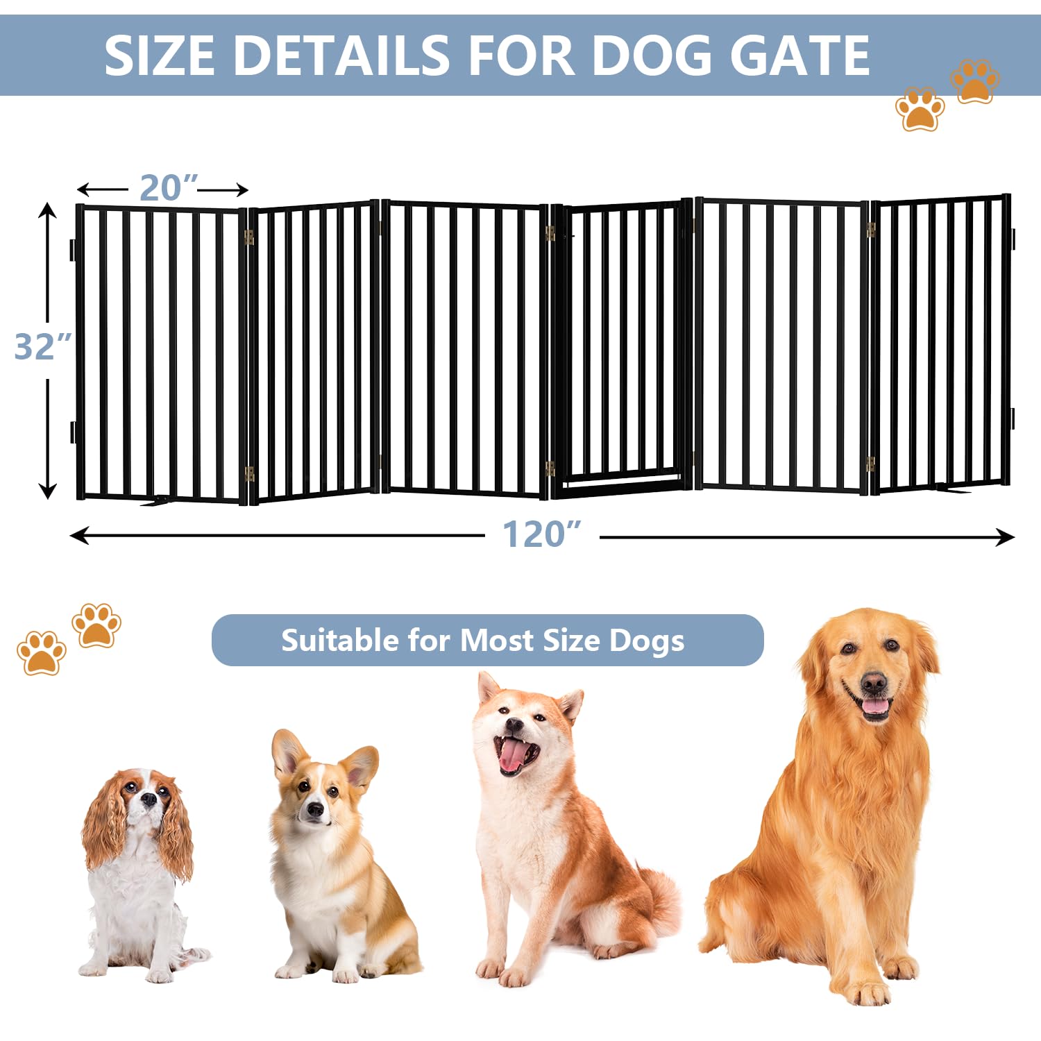 Lezbanz Full Metal Freestanding Dog Gates with Door, 32" Height Dog Fences for Indoor & Outdoor, Extra Wide Foldable Pet Gates for Stairs, Hallways, Doorways, Yard (6 Panels, 120" W × 32" H)