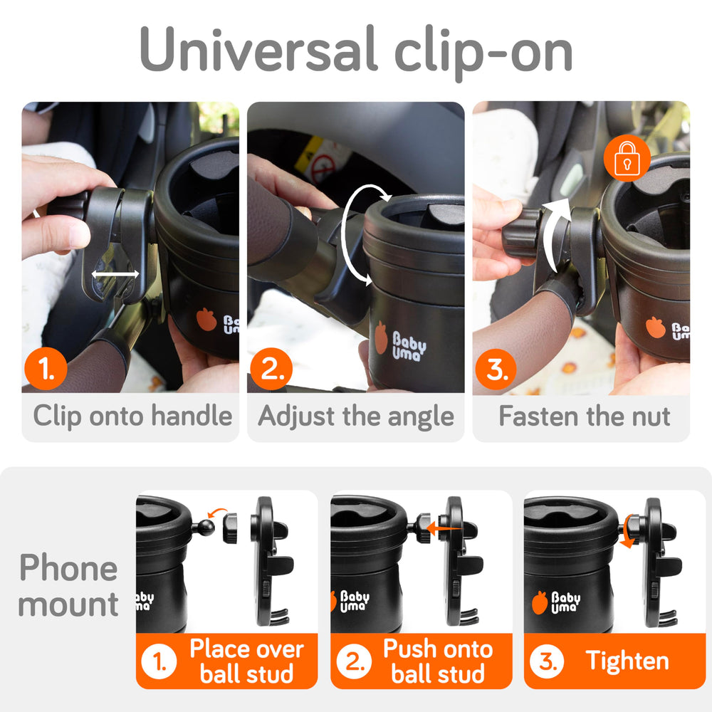 Baby Uma dual cup holder for two drinks on long walks.