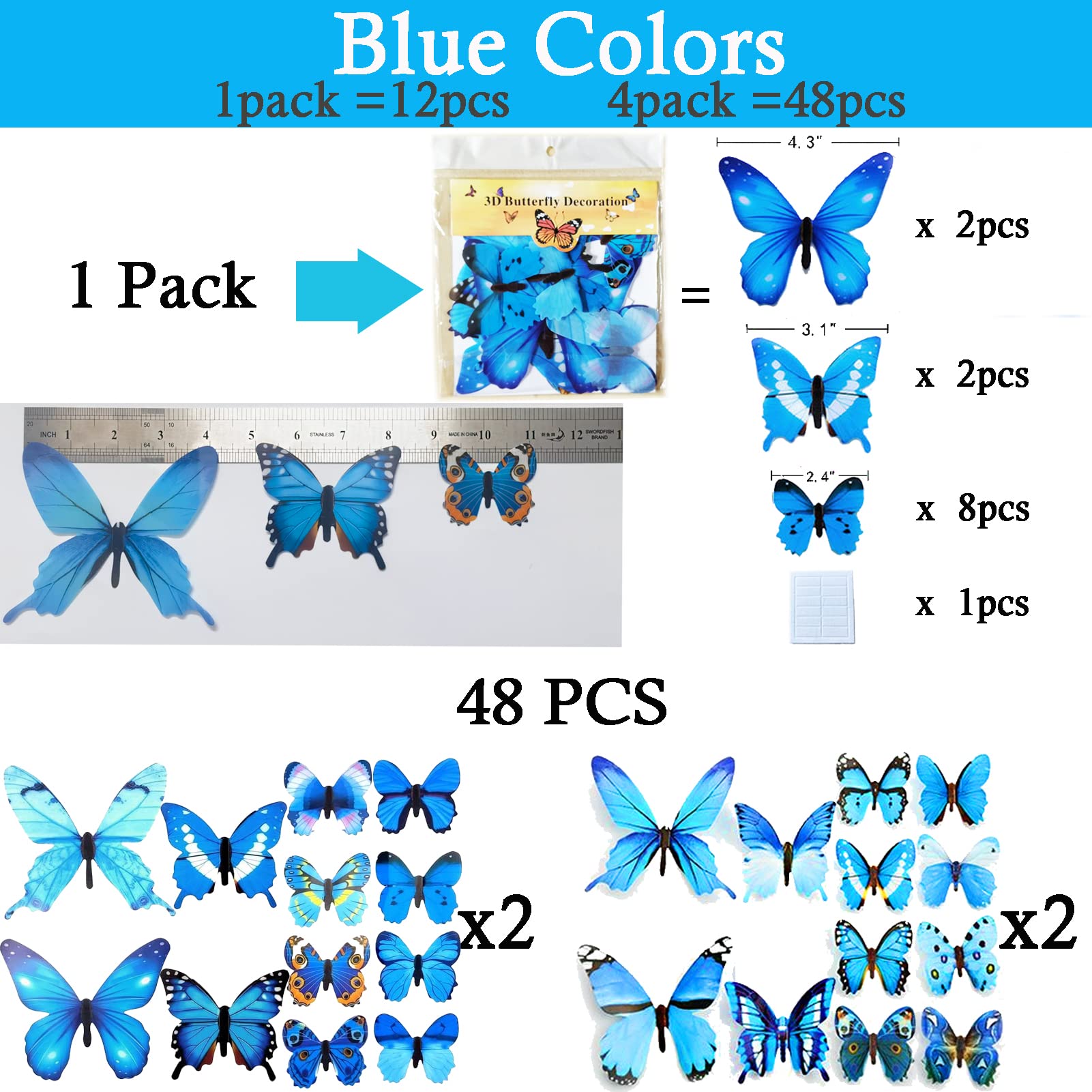 Ewong Butterfly Wall Decals 48PCS 3D Butterflies Decor Removable Mural Sticker Wall Art Home Decoration Kid Girl Bedroom Bathroom Baby Room Nursery Classroom Office Party (Blue)