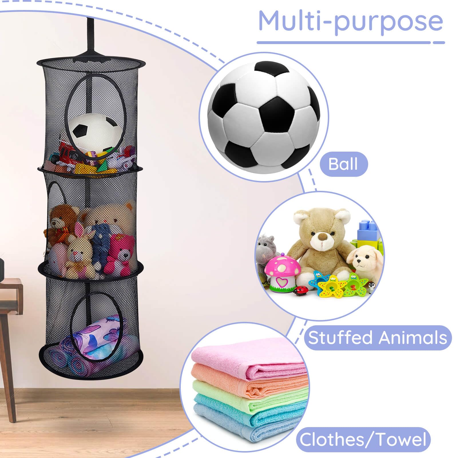 Basumee-black-hanging-toy-net blends with décor while organizing plushies.