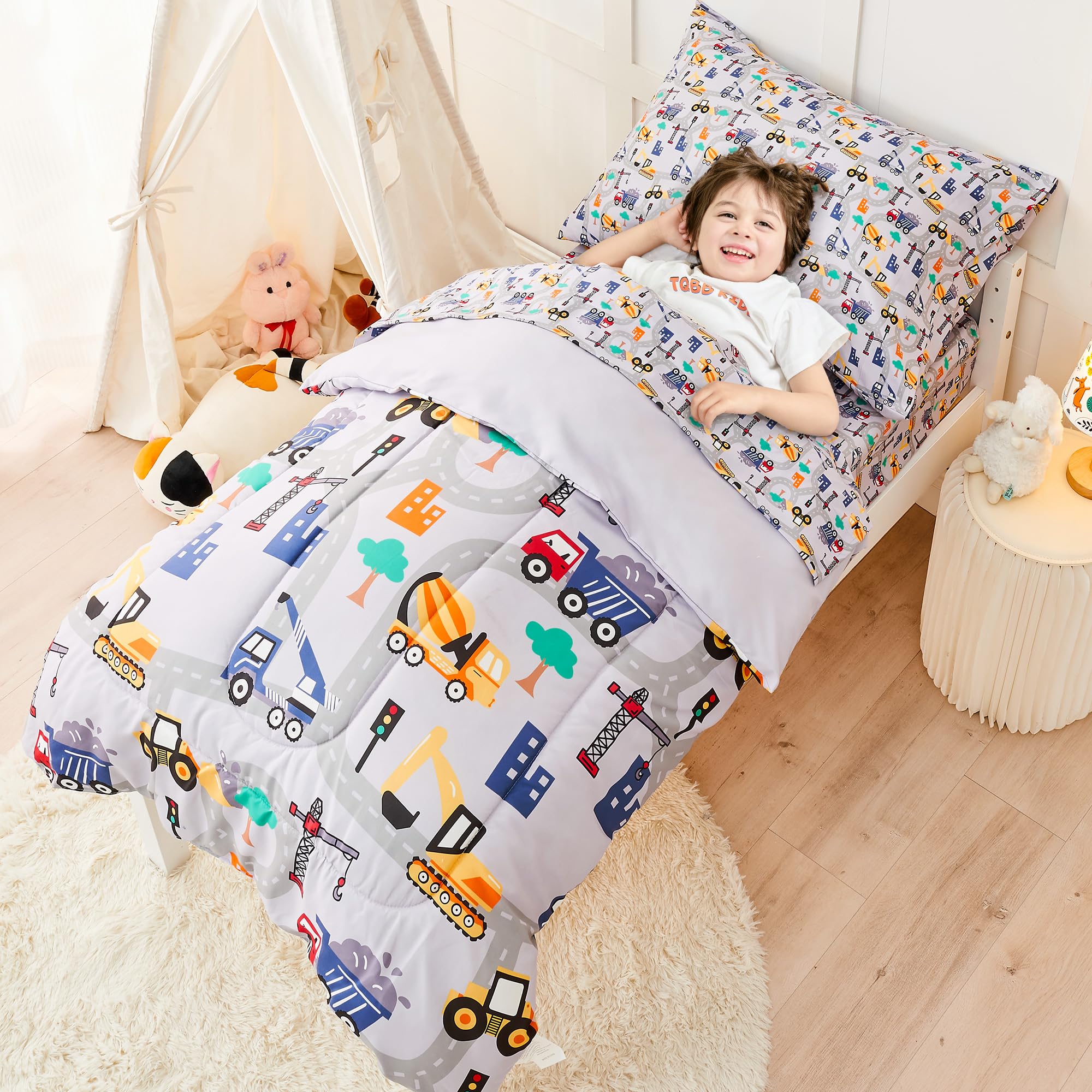 lasoftan Construction Toddler Bedding Set for Boys, 4 Piece Bed-in-a-Bag Toddler Comforter Sets, Excavator, Cars Printed, Super Soft and Comfortable Microfiber Todeeler Bed Set