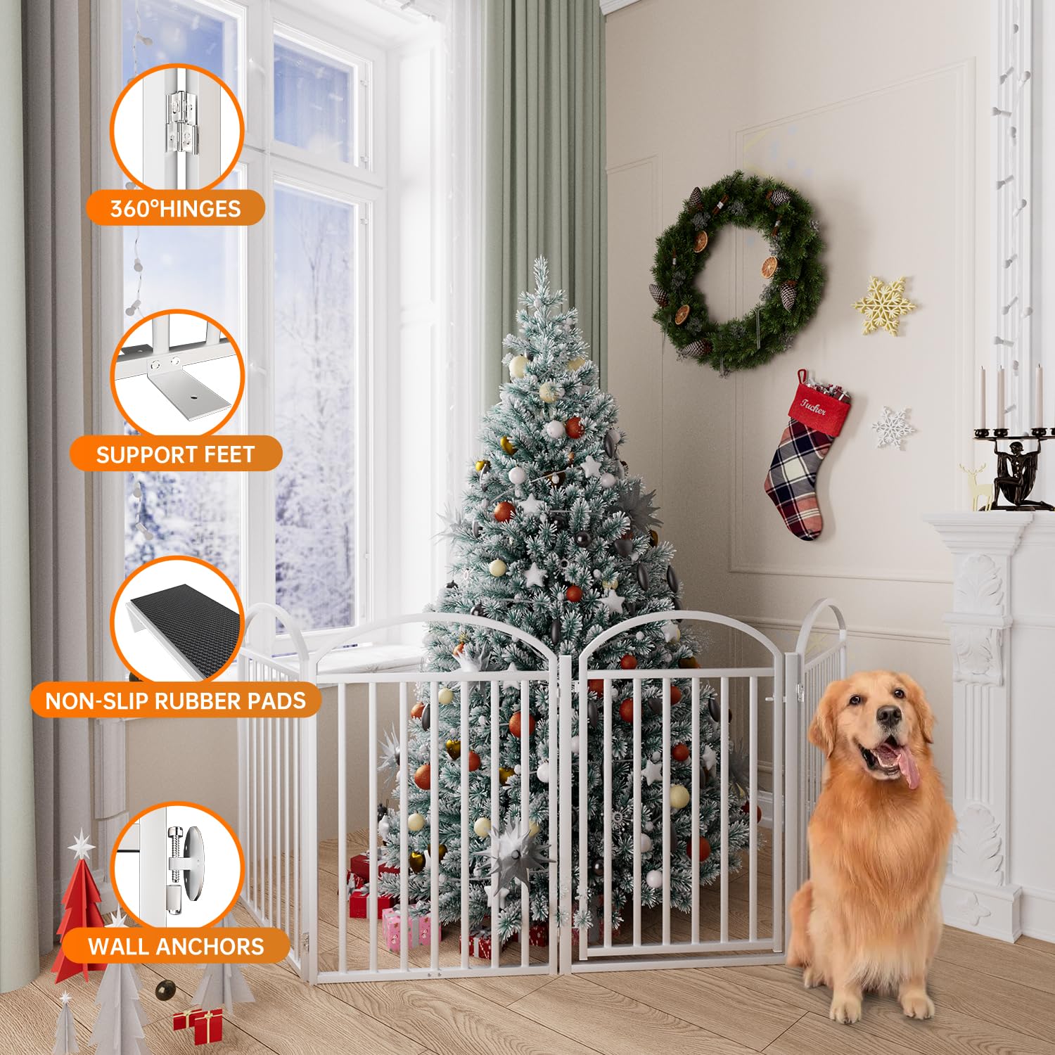 SNUOWU 4 Panles Full Matel Freestanding Dog Gates with Door, 96"Extra Wide 32"Tall Free Standing Dog Pet Gate for Indoor & Outdoor. Foldable Pet Fences for Doorways, House, Stairs, Porch, Deck, Yard
