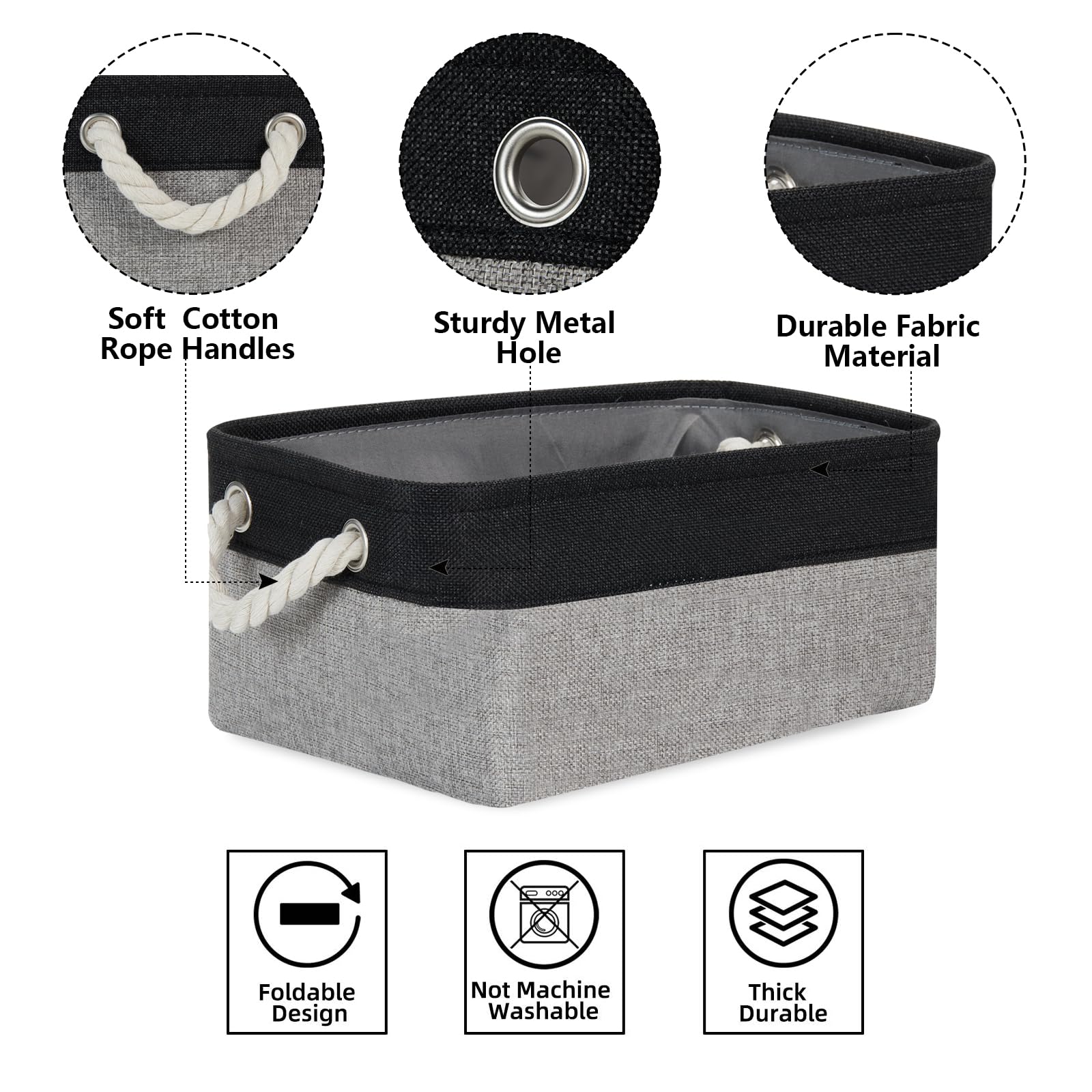 Bidtakay Storage Baskets [6 Pack] Small Fabric Canvas Collapsible Storage Bins 11.8 X 7.8 X 5 Inches Organizer Baskets with Handles Decorative Square Baskets for Cabinet Shelves Closet(Black&Grey)