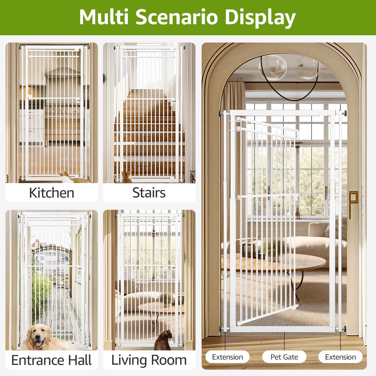 WIDERSAFER 78.8" Extra Tall Cat Gate, 28.3-33" Wide Safety Metal Cat Door, Pressure Mounted Easy Walk Through Pet Gate with Door for Stairs, Doorways, White