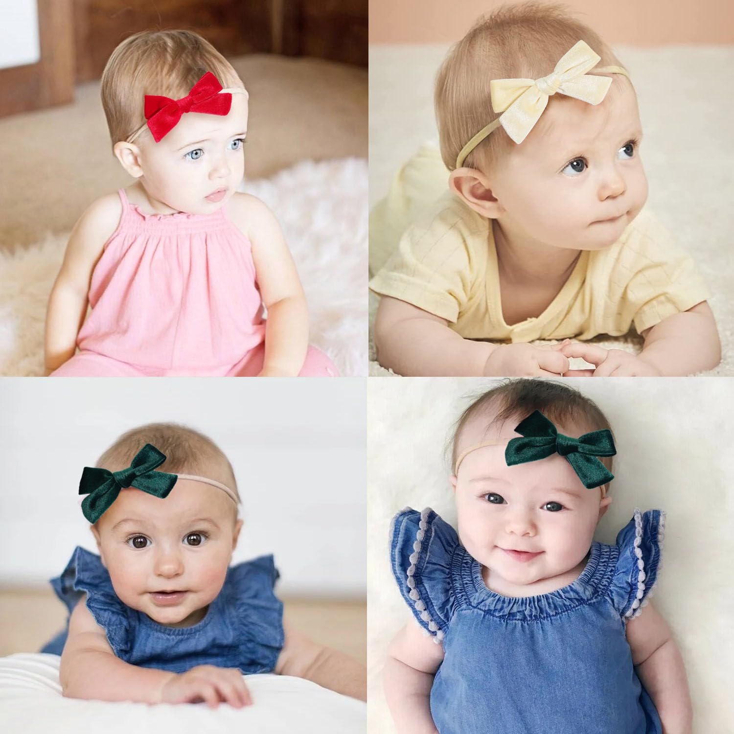 Jeffan 3Pcs 3.75" Velvet Baby Bows Headbands, Nylon Hairbands Elastic Hair Accessories for Newborn Infant Toddlers(Red, Beige, Dark Green)