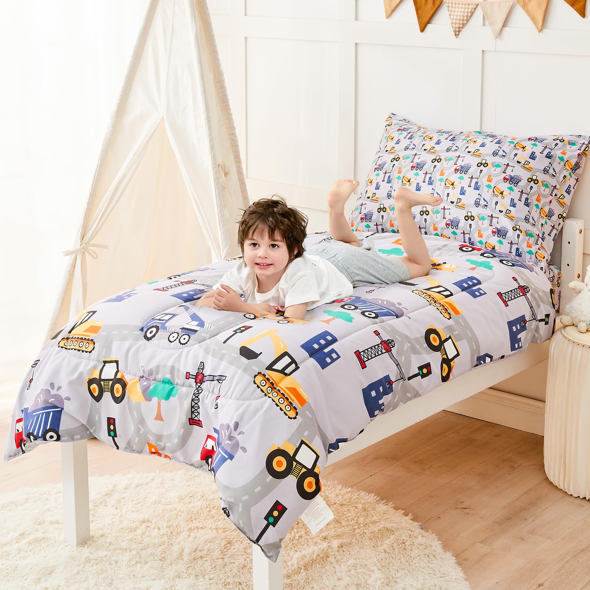 lasoftan Construction Toddler Bedding Set for Boys, 4 Piece Bed-in-a-Bag Toddler Comforter Sets, Excavator, Cars Printed, Super Soft and Comfortable Microfiber Todeeler Bed Set