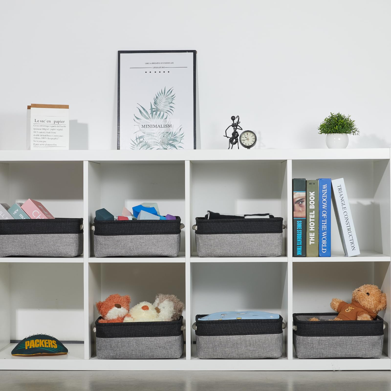 Bidtakay Storage Baskets [6 Pack] Small Fabric Canvas Collapsible Storage Bins 11.8 X 7.8 X 5 Inches Organizer Baskets with Handles Decorative Square Baskets for Cabinet Shelves Closet(Black&Grey)