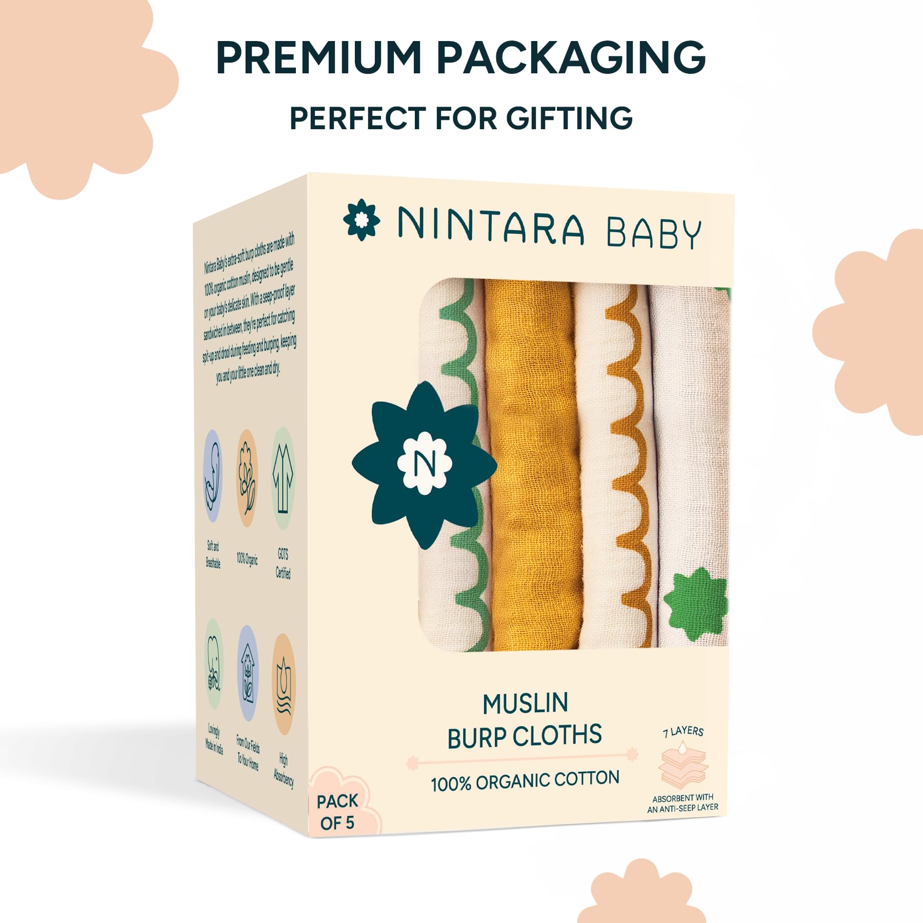 NINTARABABY Burp Cloths – 100% Organic Muslin, Extra-Large 22x12, 7-Layer Absorbent & Waterproof, Reversible (Pack of 5)