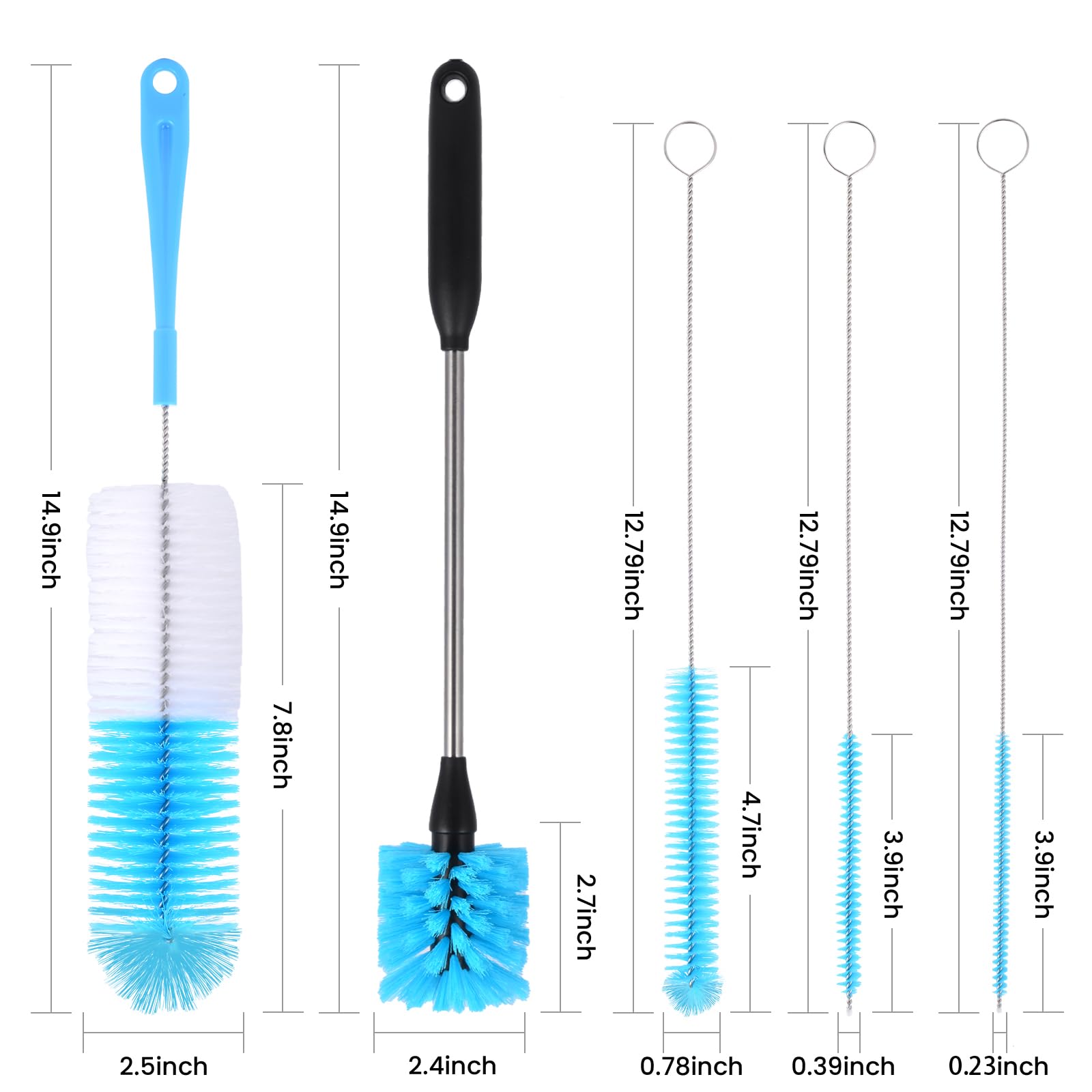 5 Pack Bottle Cleaner Brush, Straw Cleaner Brush & Long Handle - Water Bottle Brush for Narrow Bottles, Baby Bottles, Mugs, Flasks, Wine Decanters, Coffee Cups - Includes 3 Straw Cleaners