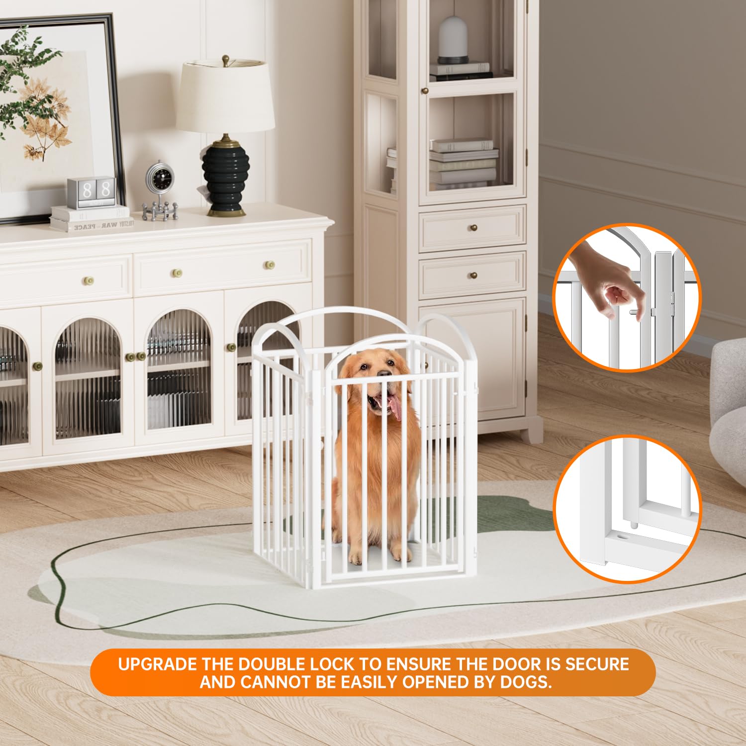 SNUOWU 4 Panles Full Matel Freestanding Dog Gates with Door, 96"Extra Wide 32"Tall Free Standing Dog Pet Gate for Indoor & Outdoor. Foldable Pet Fences for Doorways, House, Stairs, Porch, Deck, Yard