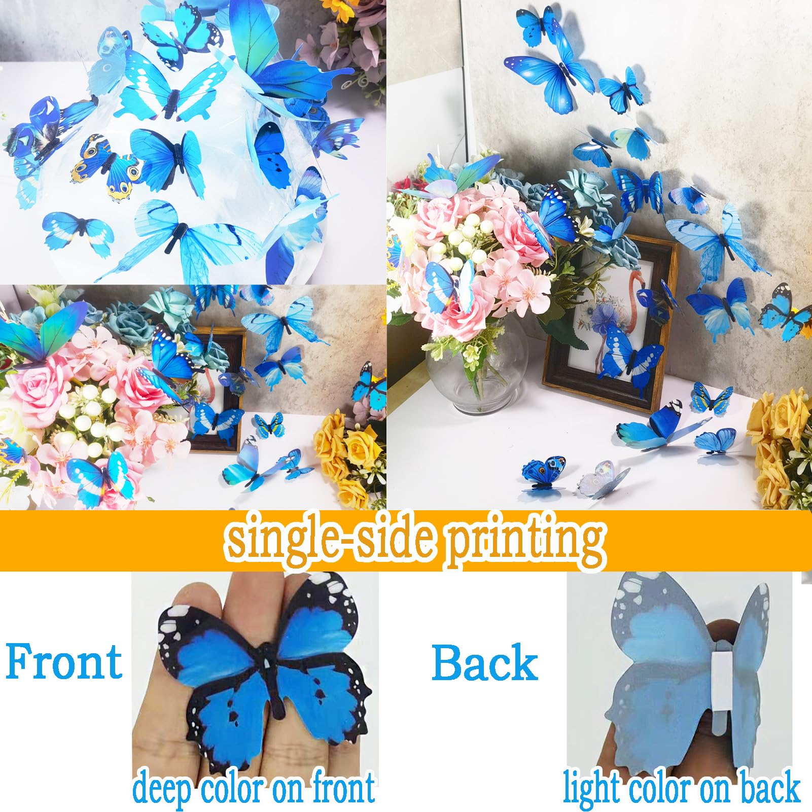 Ewong Butterfly Wall Decals 48PCS 3D Butterflies Decor Removable Mural Sticker Wall Art Home Decoration Kid Girl Bedroom Bathroom Baby Room Nursery Classroom Office Party (Blue)