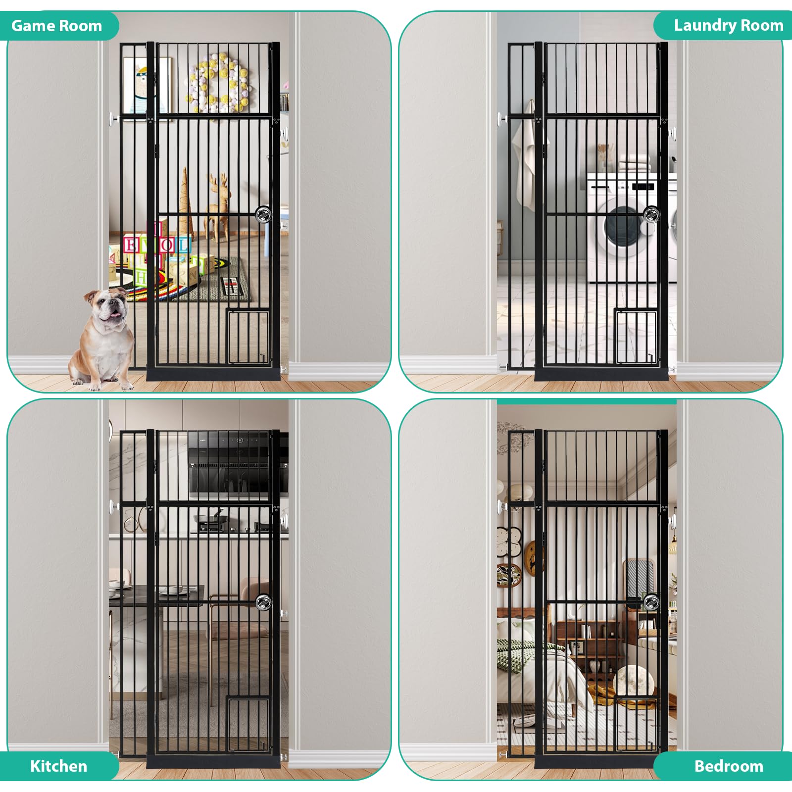 INRLKIT 71" Extra Tall Pet Gate Cat Gate with Cat Door, Fits for 28.7"&37.5" Extra Wide Pressure Mounted Pet Barrier Auto-Close Safety Pet Gate with Walk Through Door Latch,Black