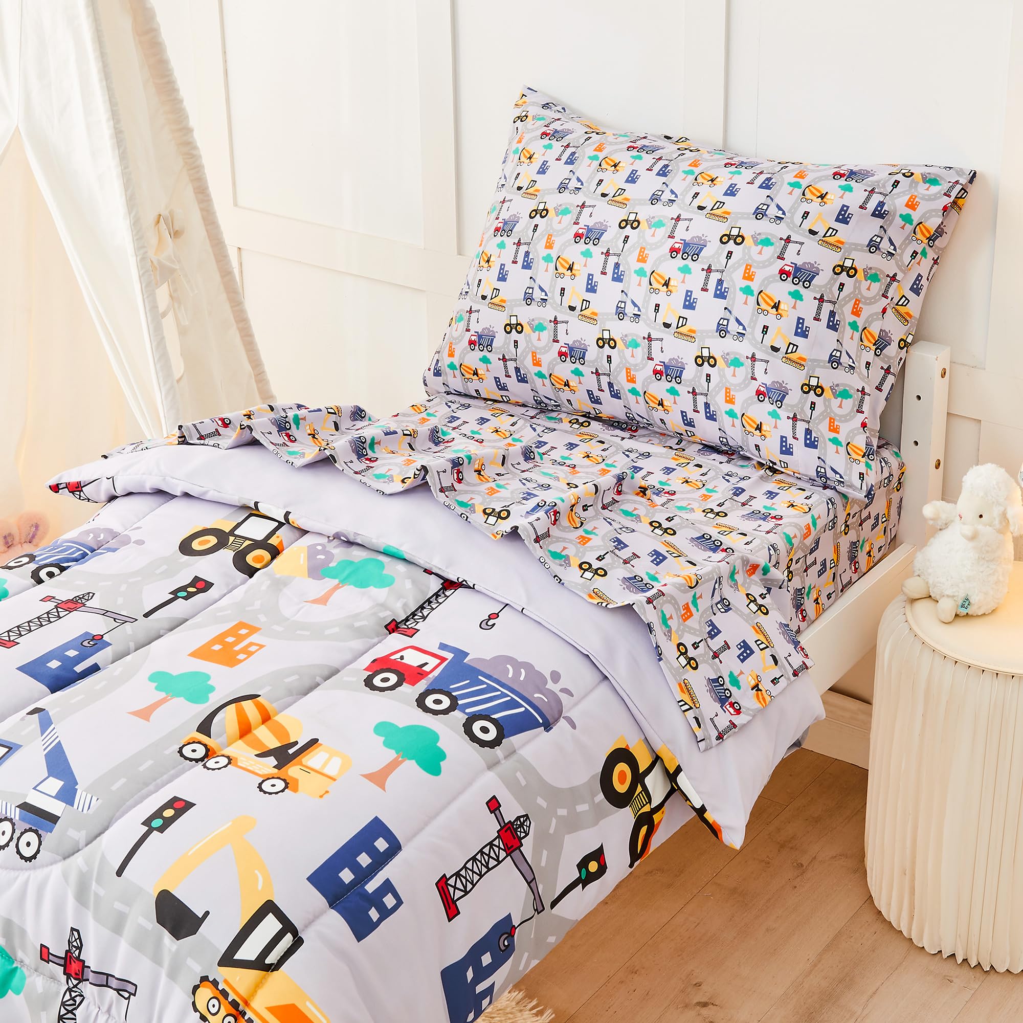 lasoftan Construction Toddler Bedding Set for Boys, 4 Piece Bed-in-a-Bag Toddler Comforter Sets, Excavator, Cars Printed, Super Soft and Comfortable Microfiber Todeeler Bed Set