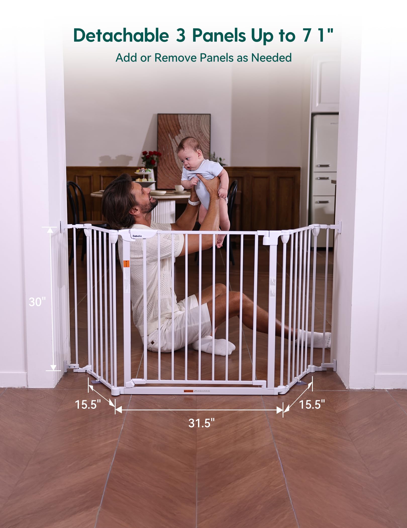 Babelio 71" Extra Wide Baby Gate, 30" Tall Auto Close Dog Fence for Stairs Kitchen Doorways Fireplace, Hardware Mounted Pet Gate Indoor, Foldable 3 Metal Panels, White