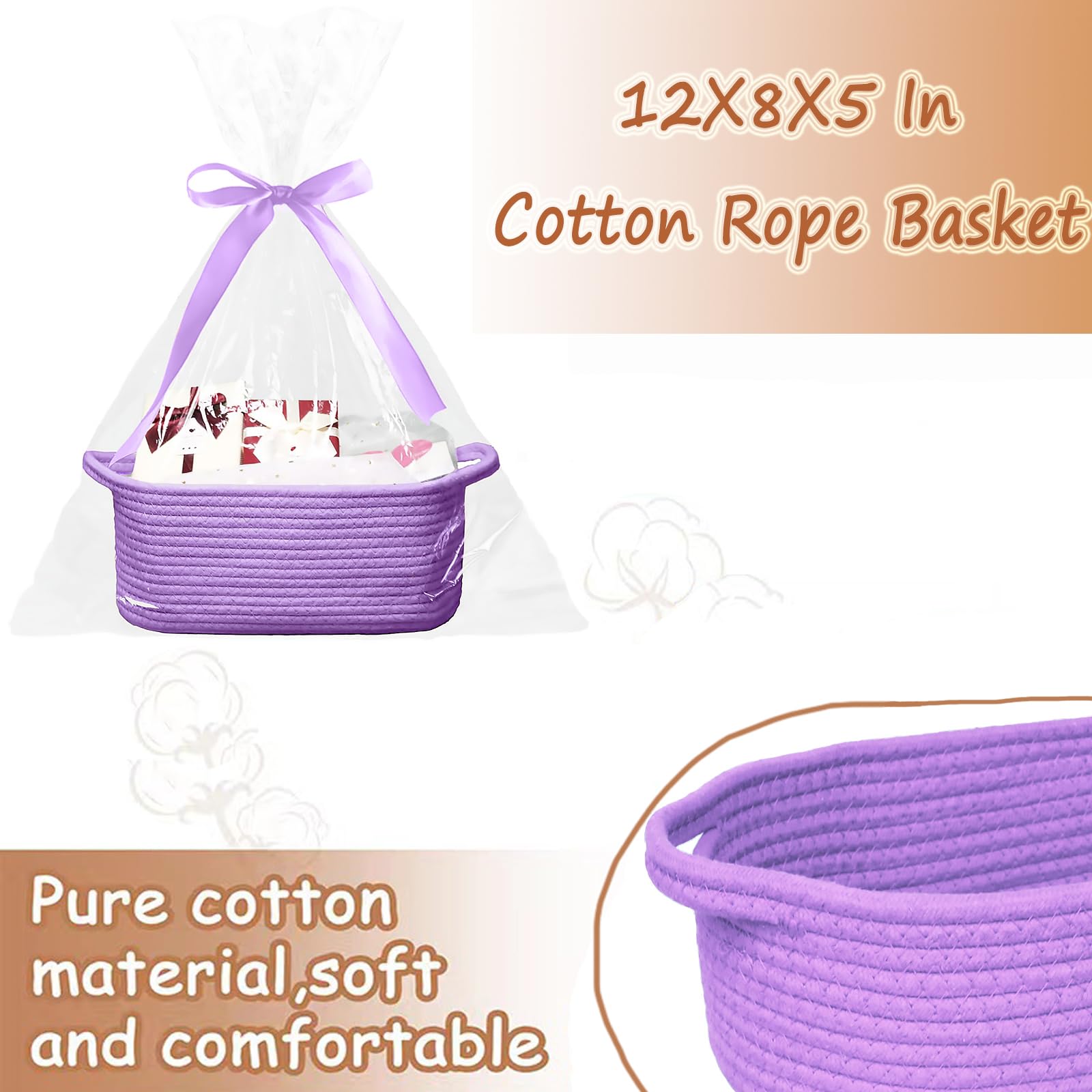 Poschnor Baby Gift Basket — Purple Cotton Basket with Gift Bags & Silk Scarf (12x8x5 in)