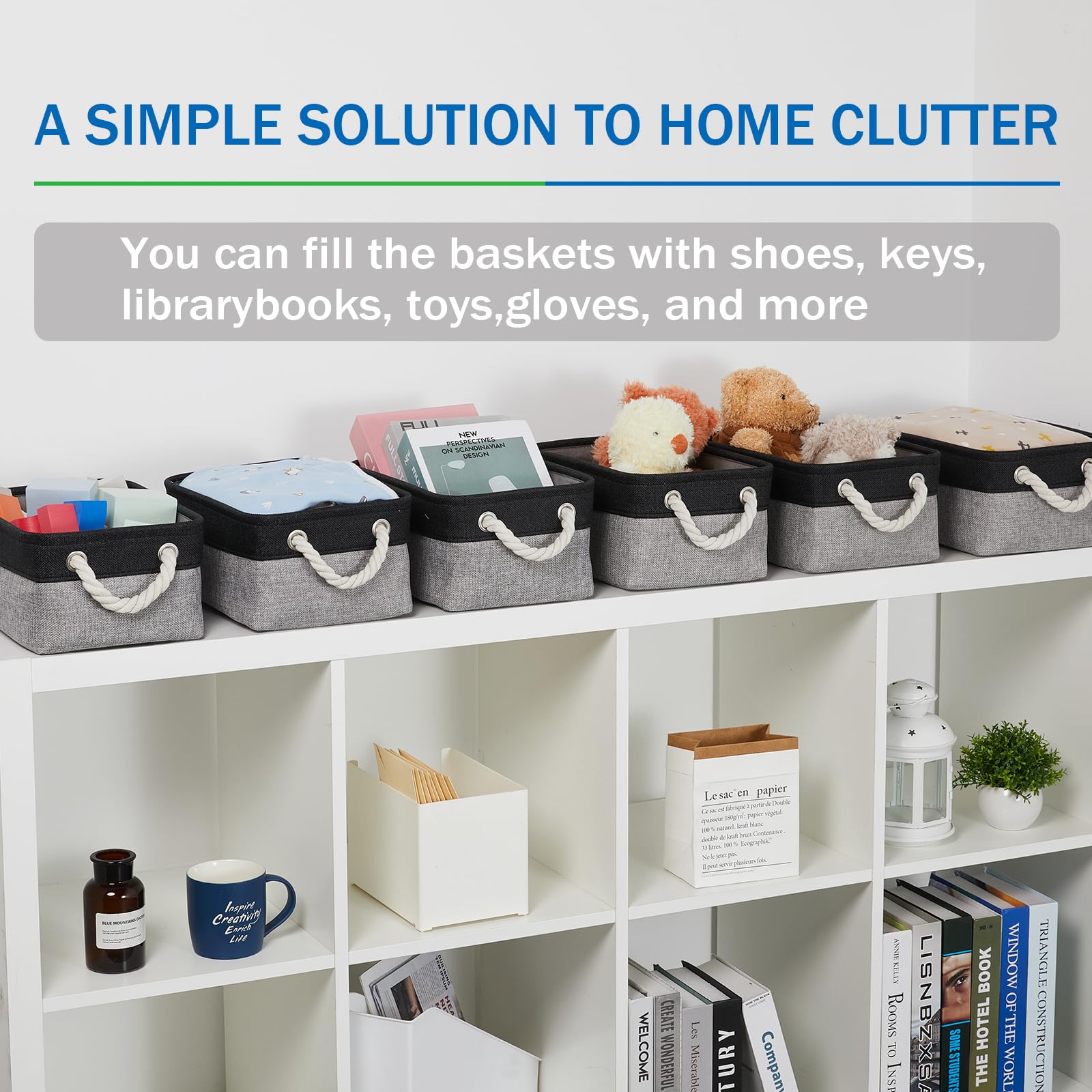 Bidtakay Storage Baskets [6 Pack] Small Fabric Canvas Collapsible Storage Bins 11.8 X 7.8 X 5 Inches Organizer Baskets with Handles Decorative Square Baskets for Cabinet Shelves Closet(Black&Grey)