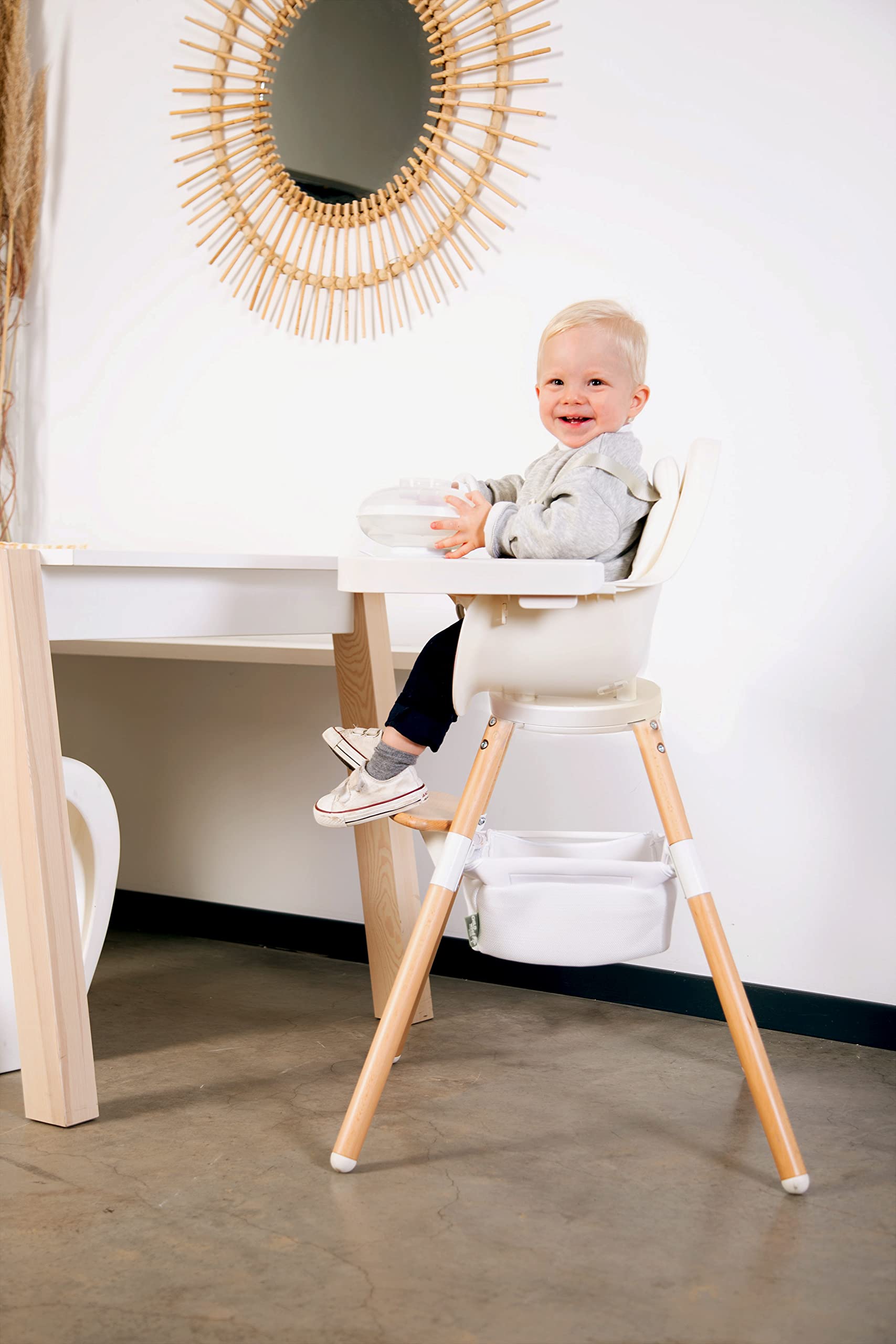 Childhome Evolu One.80° 2 in 1 Baby High Chair with 180° Swivel, Adjustable Height Baby High Chair, Sleek Modern with Beechwood Legs, White