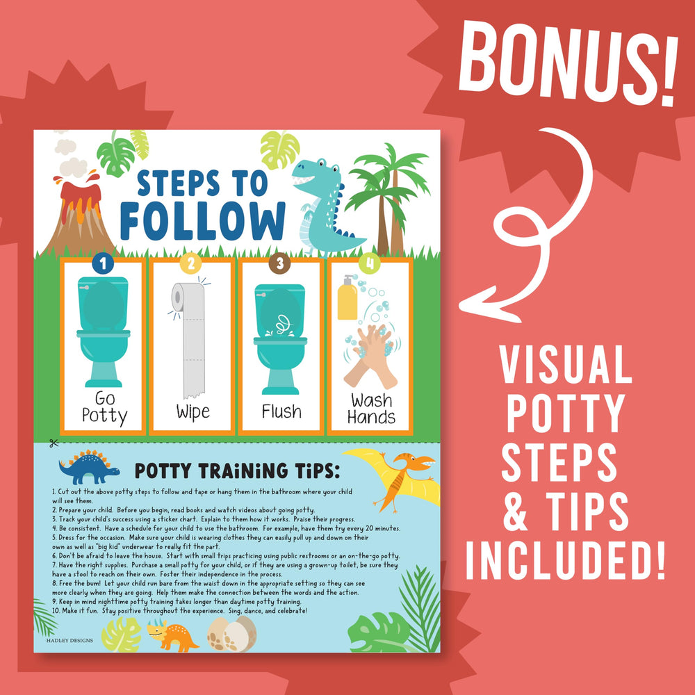 Hadley Designs potty-chart-dinosaur-boys-progress-display serves as progress-tracking visual cue.