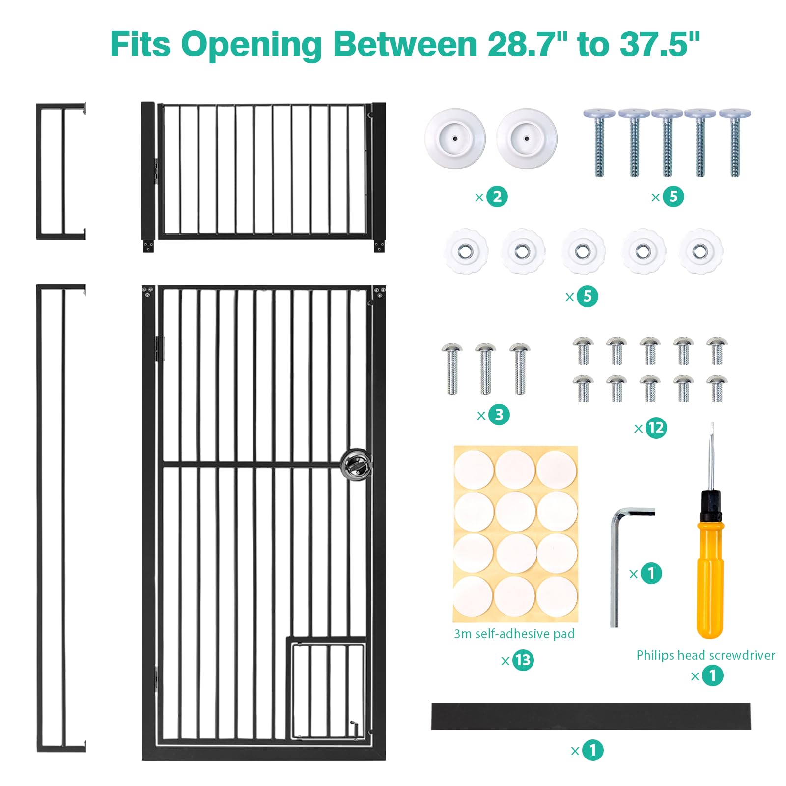 INRLKIT 71" Extra Tall Pet Gate Cat Gate with Cat Door, Fits for 28.7"&37.5" Extra Wide Pressure Mounted Pet Barrier Auto-Close Safety Pet Gate with Walk Through Door Latch,Black