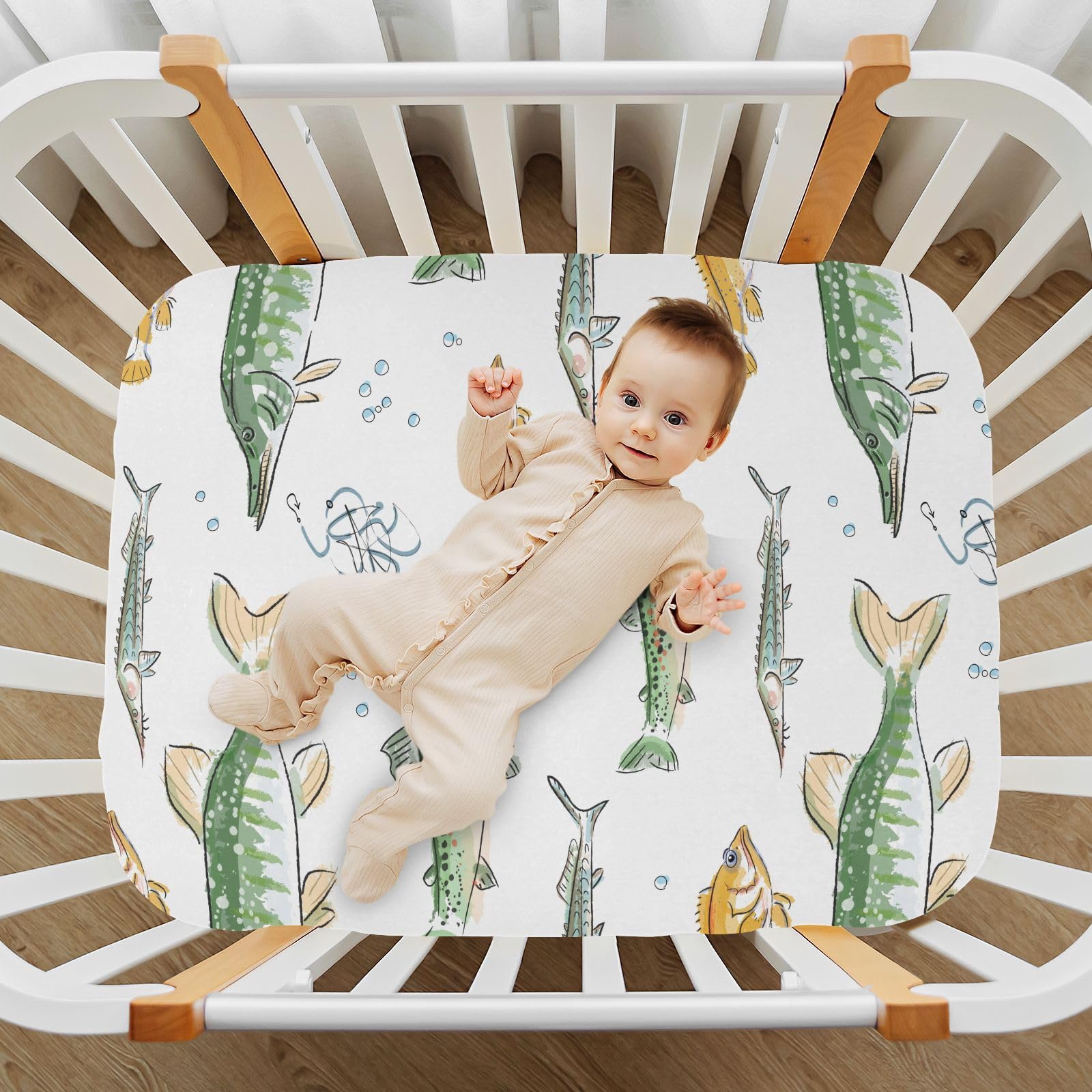 CaTaKu Watercolor Fish Mini Crib Sheets for Girls Boys Baby Mattress Sheets Fitted, Soft Toddler Nursery Bed Sheets Neutral 28"x 52"