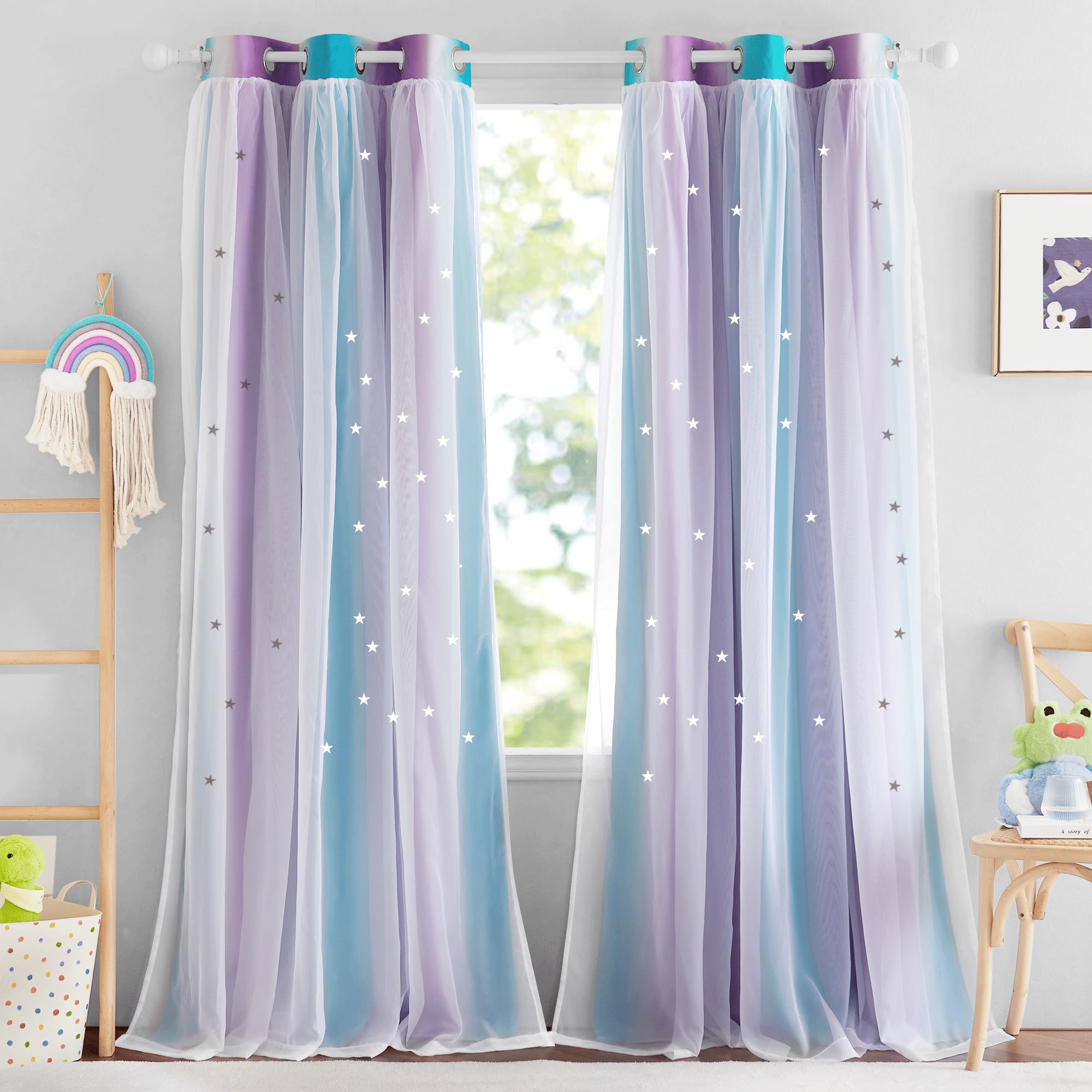 NICETOWN 2 Panels Blackout Curtains for Girls Bedroom 84 Inch Length Living Room Curtains Star Cutout Curtains for Nursery Wall Home Aesthetic Kids Curtains, 42W x 84L, Teal & Purple