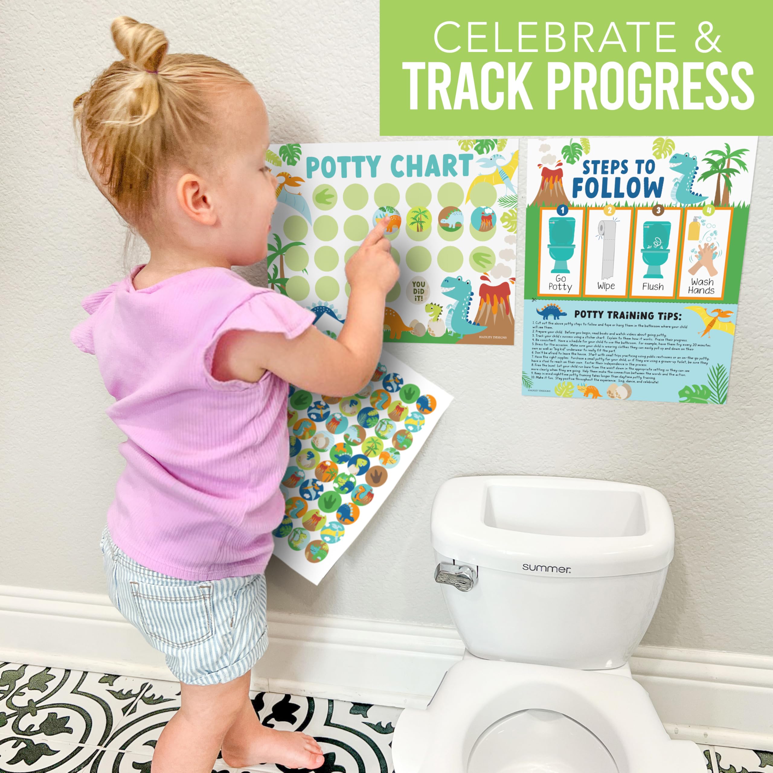 Hadley Designs potty-chart-dinosaur-boys-packaging-ready-kit emphasizes easy setup and motivation.