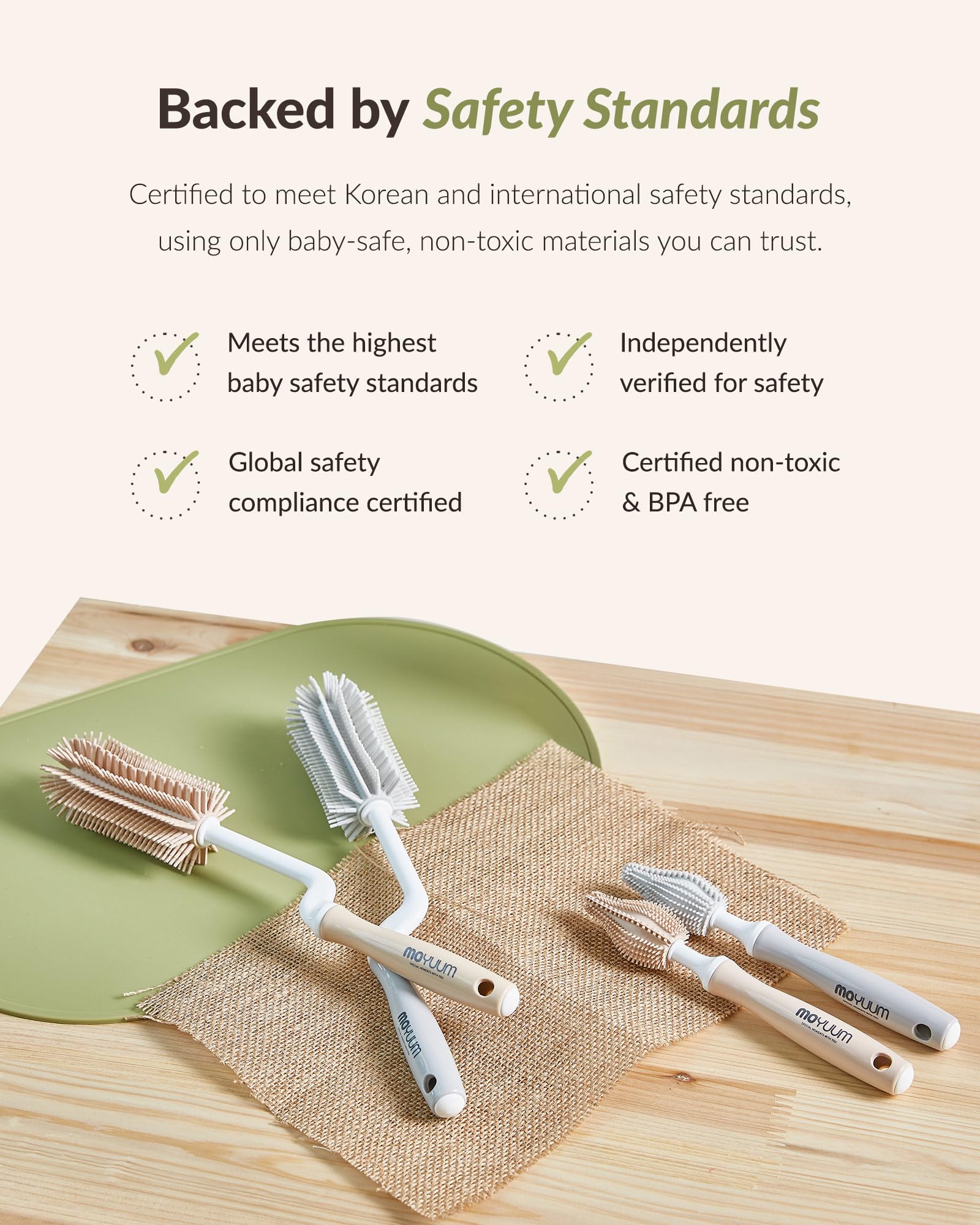 Moyuum Silicone Baby Bottle & Nipple Brush Set — 360° Rotating Handle, BPA-Free, Made in Korea