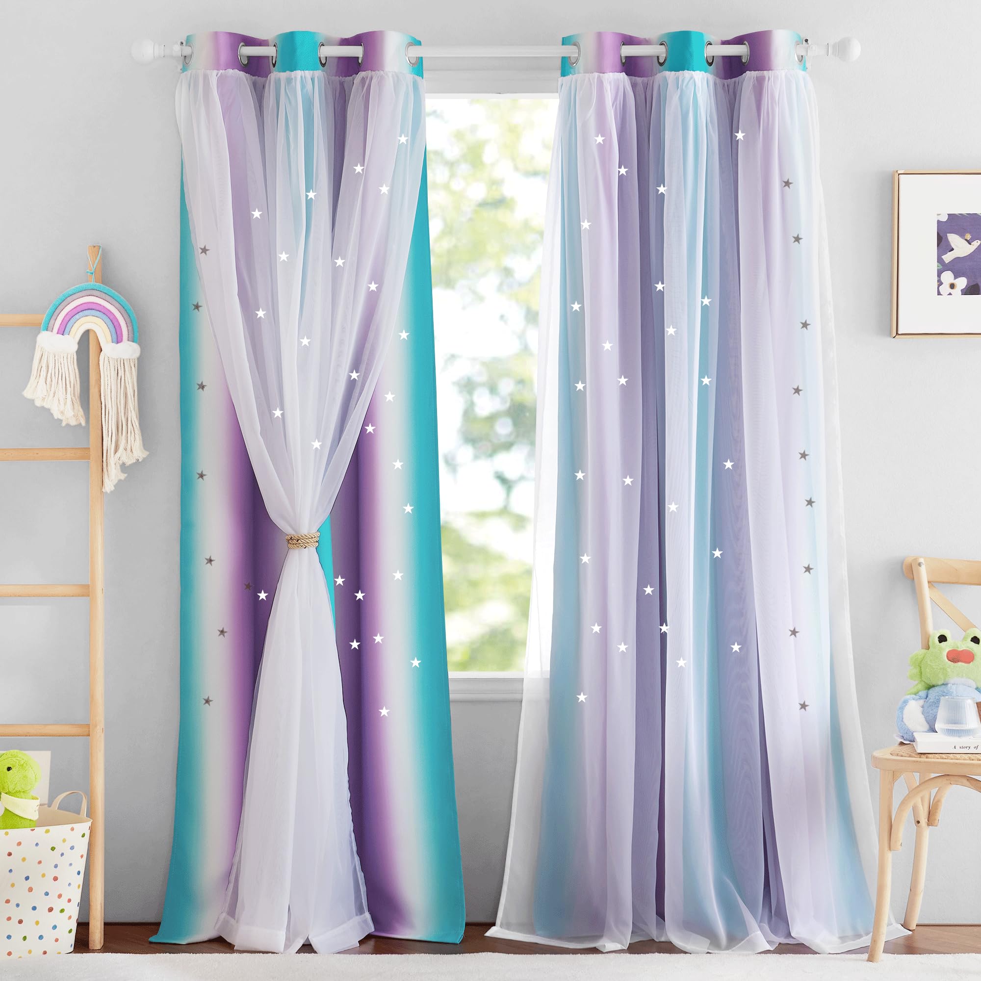NICETOWN 2 Panels Blackout Curtains for Girls Bedroom 84 Inch Length Living Room Curtains Star Cutout Curtains for Nursery Wall Home Aesthetic Kids Curtains, 42W x 84L, Teal & Purple