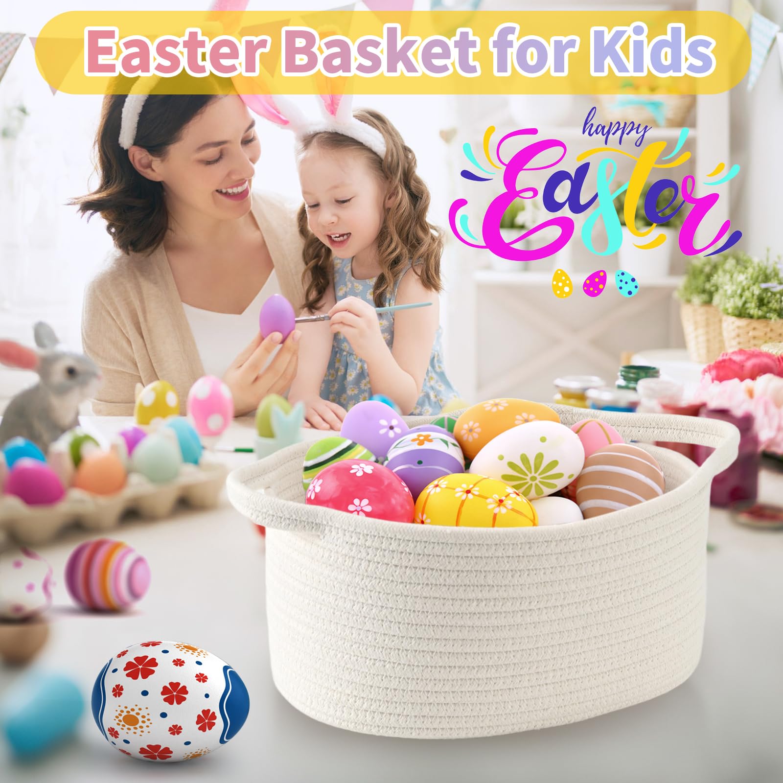 Happyiren Cute Woven Storage Basket with Handle | Gift-Ready Organizer for Nursery & Home