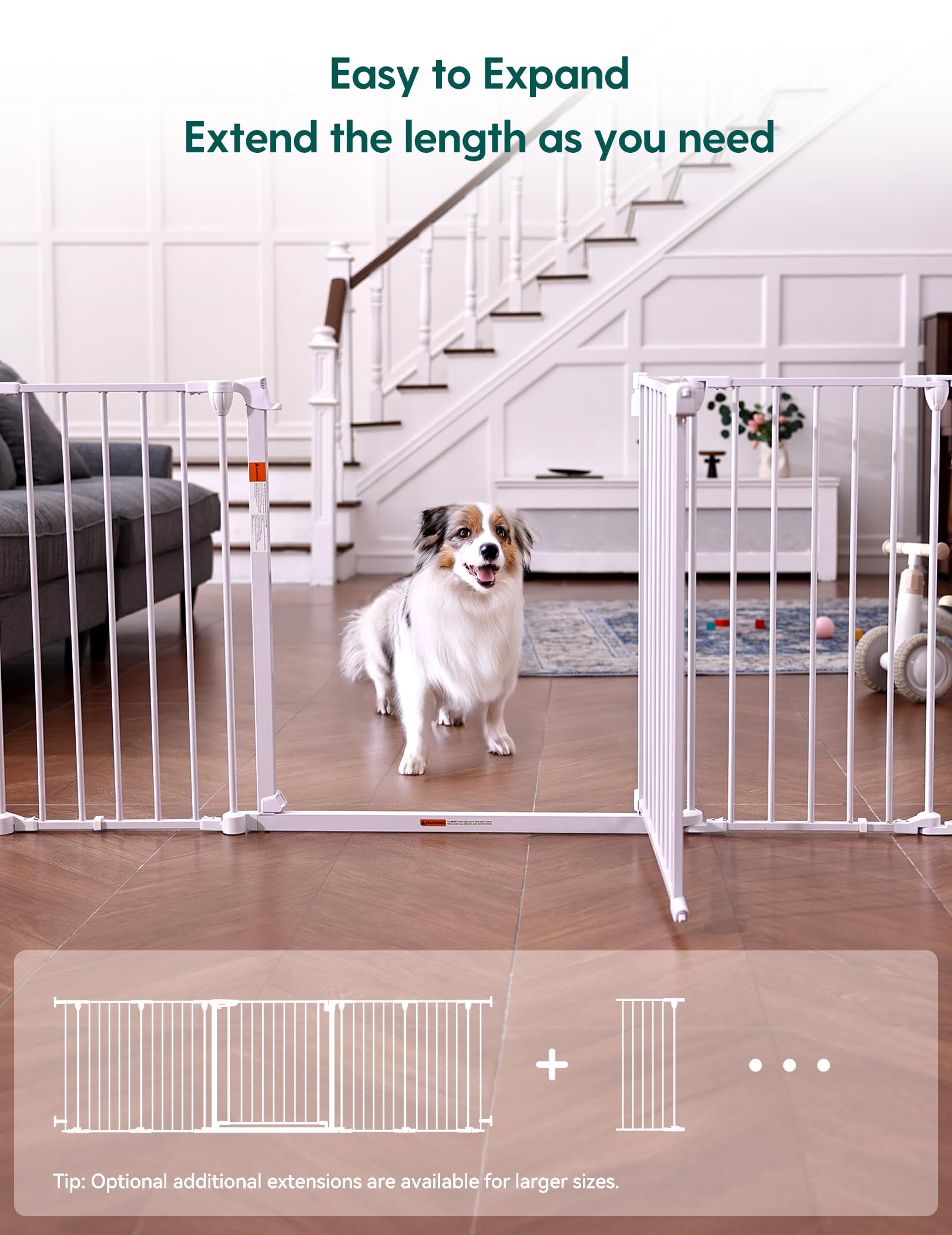 Babelio 71" Extra Wide Baby Gate, 30" Tall Auto Close Dog Fence for Stairs Kitchen Doorways Fireplace, Hardware Mounted Pet Gate Indoor, Foldable 3 Metal Panels, White
