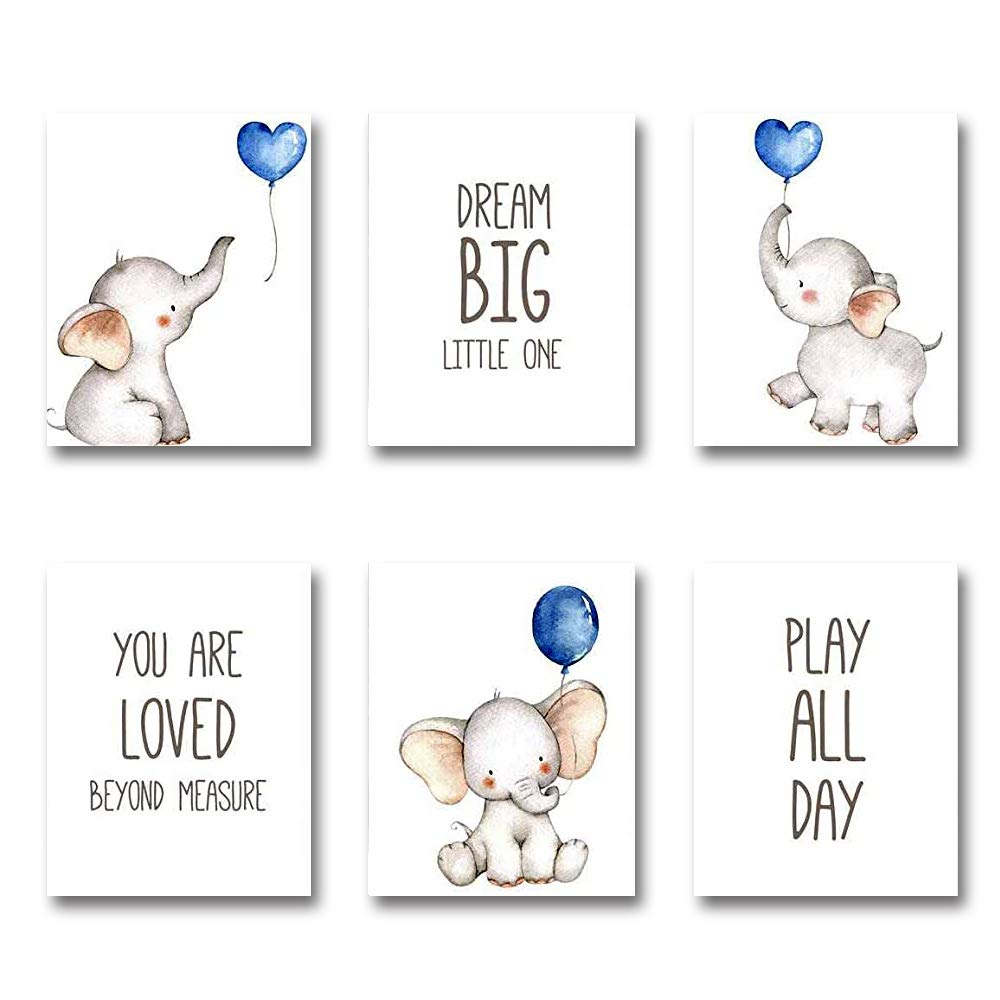 iMagitek elephants with blue balloons 8x10 print for nursery decor and mood