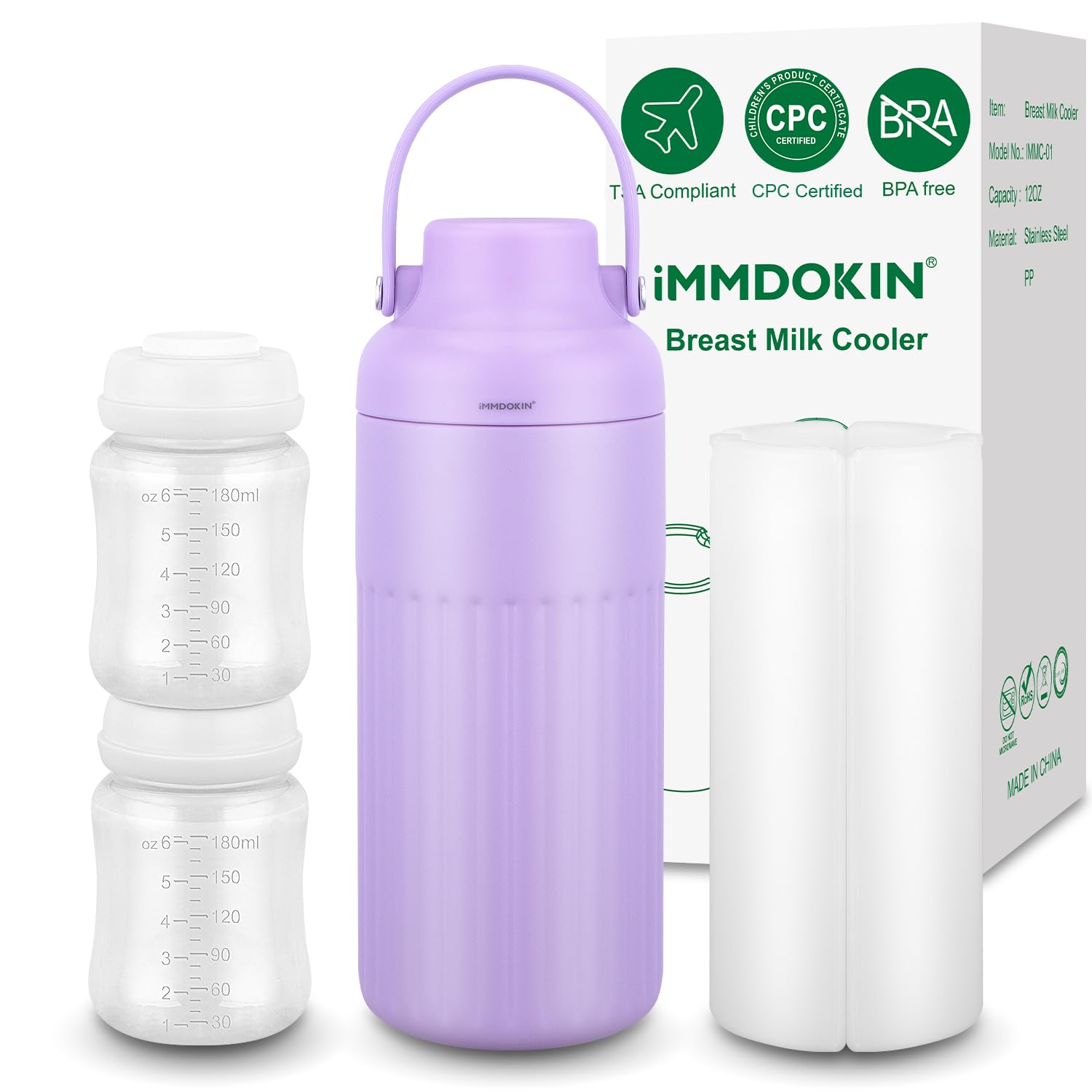 iMMDOKIN compact breast milk cooler bottle with 12oz capacity for on-the-go freshness.