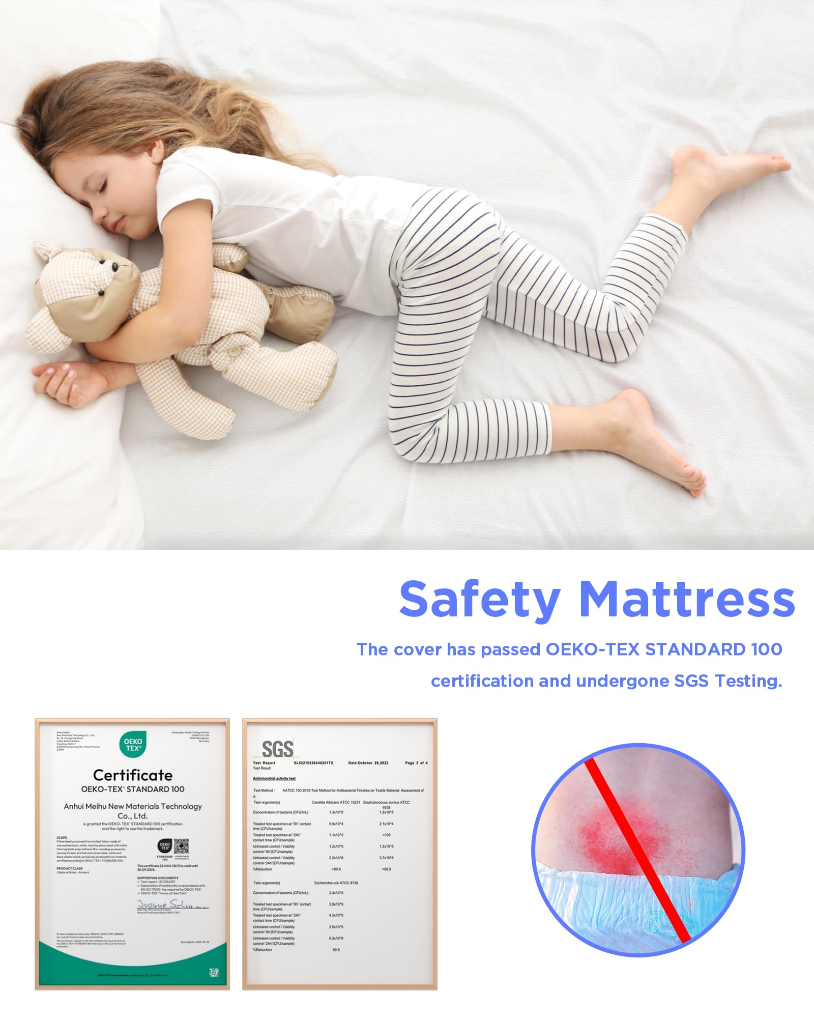 iMMDOKIN Pack and Play mattress in use with baby toys for playtime.