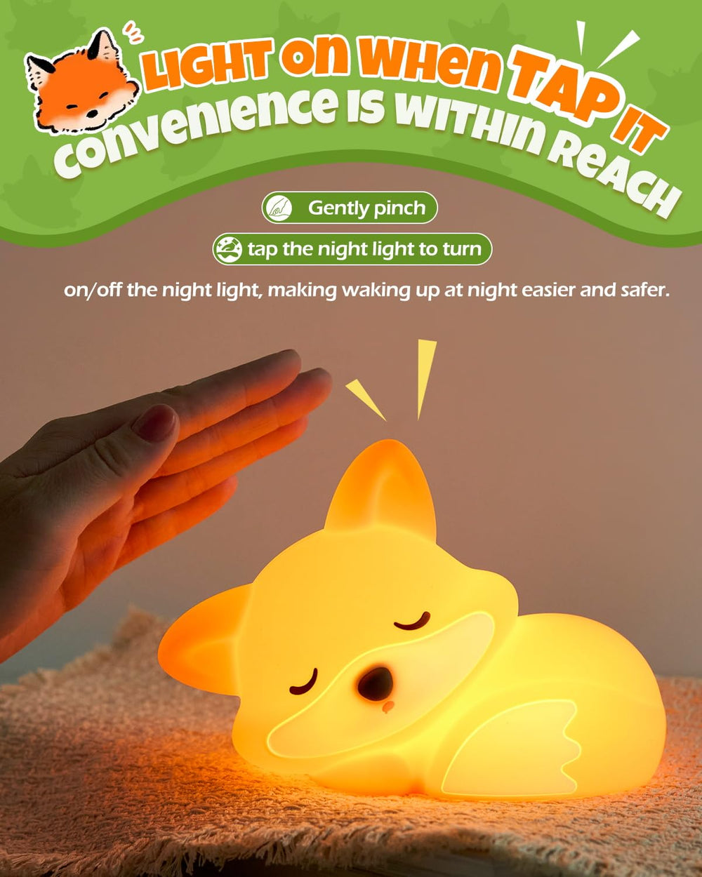 IMMORROSA Cute Fox Night Light side view shows squishy silicone safe for play