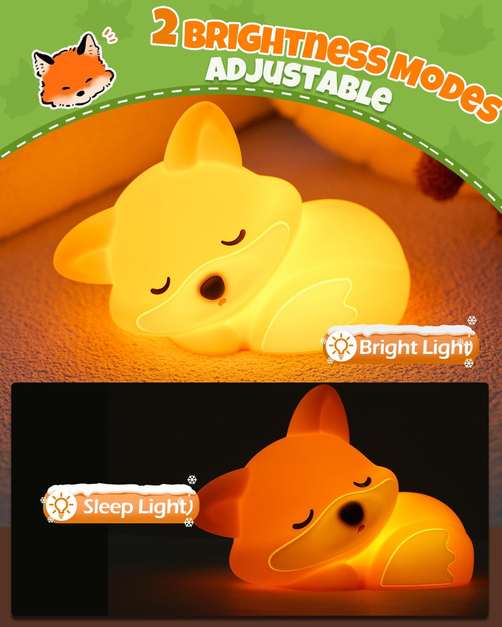 IMMORROSA Fox Night Light top-angle highlights USB-C charging port