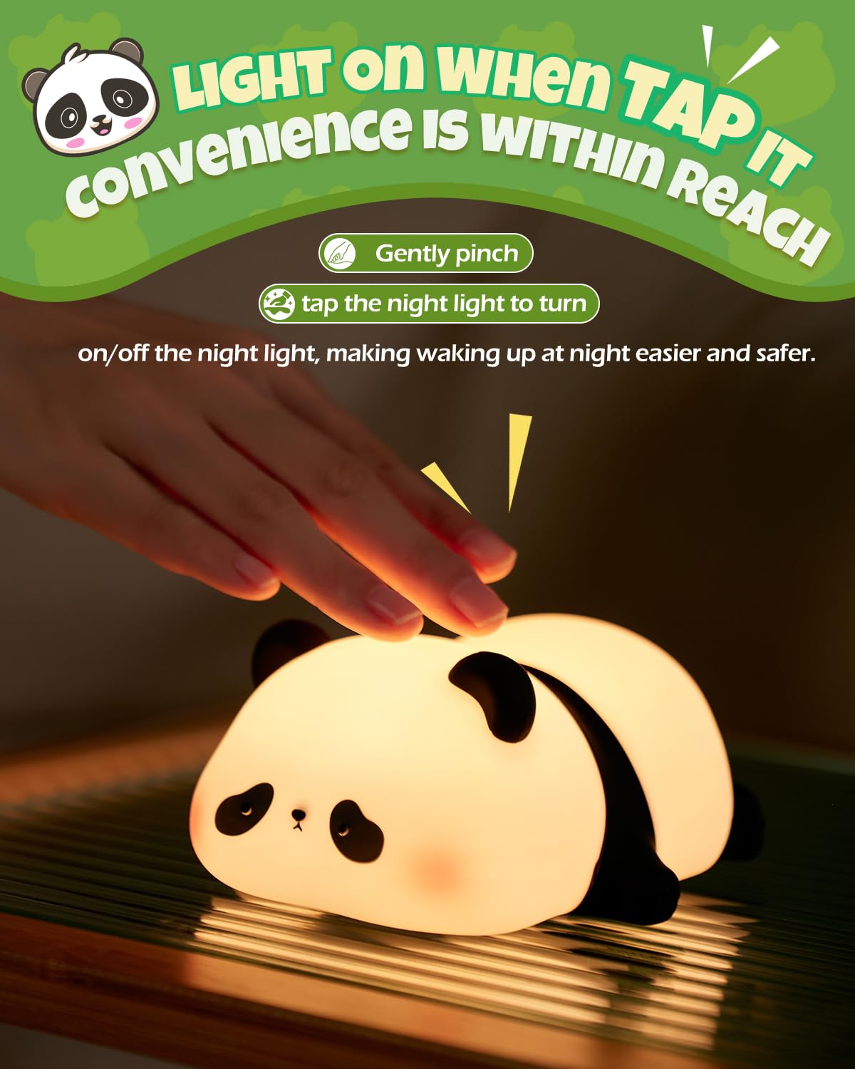 IMMORROSA panda night light shows three brightness levels for stories and lullabies