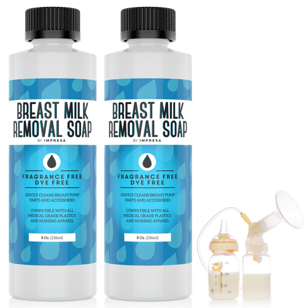 IMPRESA Breast Milk Removal Soap bottle with pump parts showing quick-clean capability