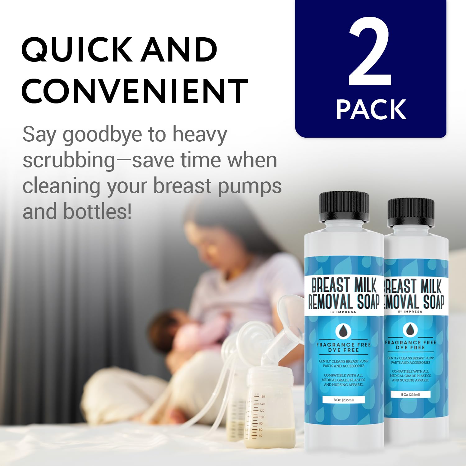 IMPRESA Breast Milk Removal Soap on nursing apparel demonstrating fragrance-free cleaning