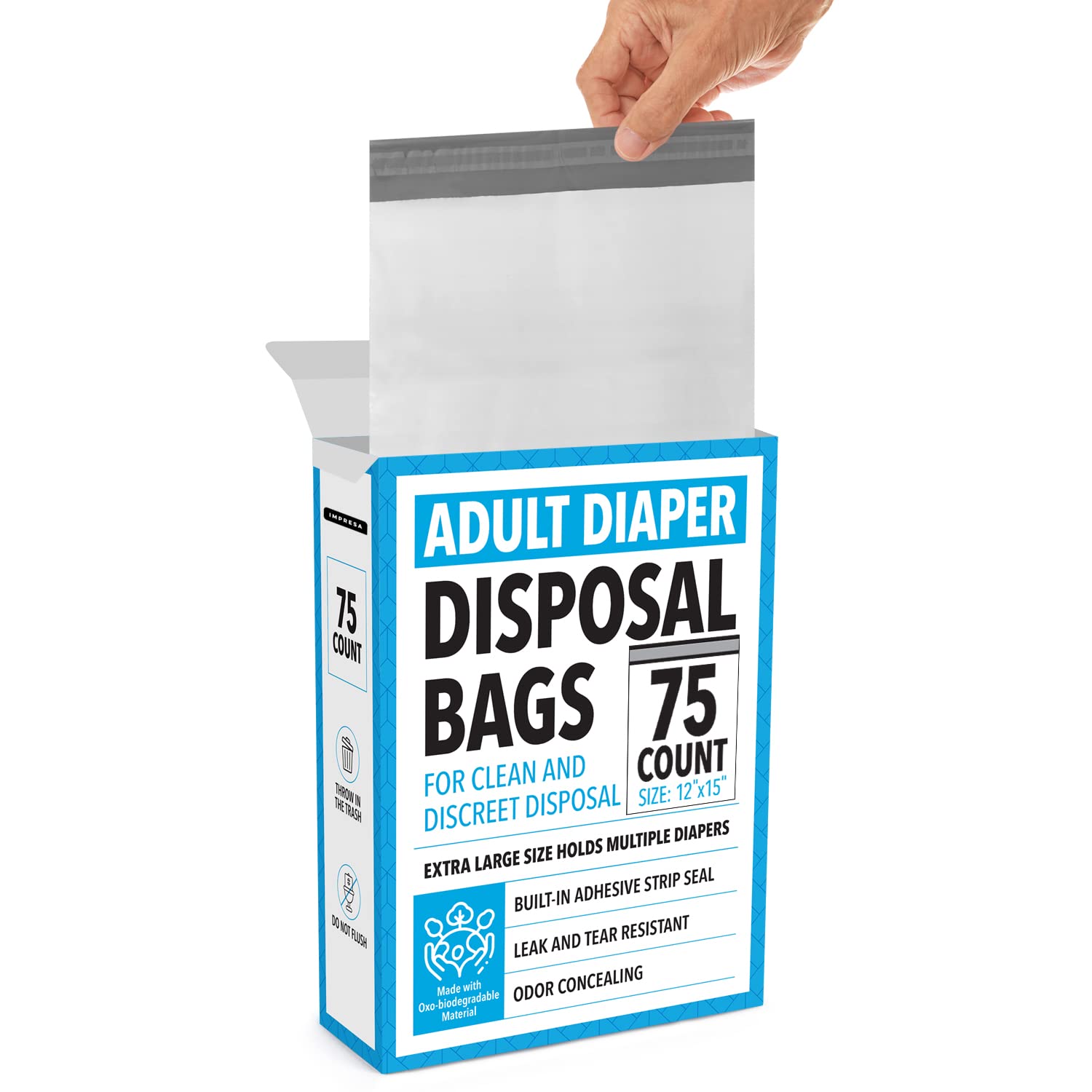 IMPRESA disposable adult diaper bags pack 75 with opaque design for discreet waste disposal at home or travel.