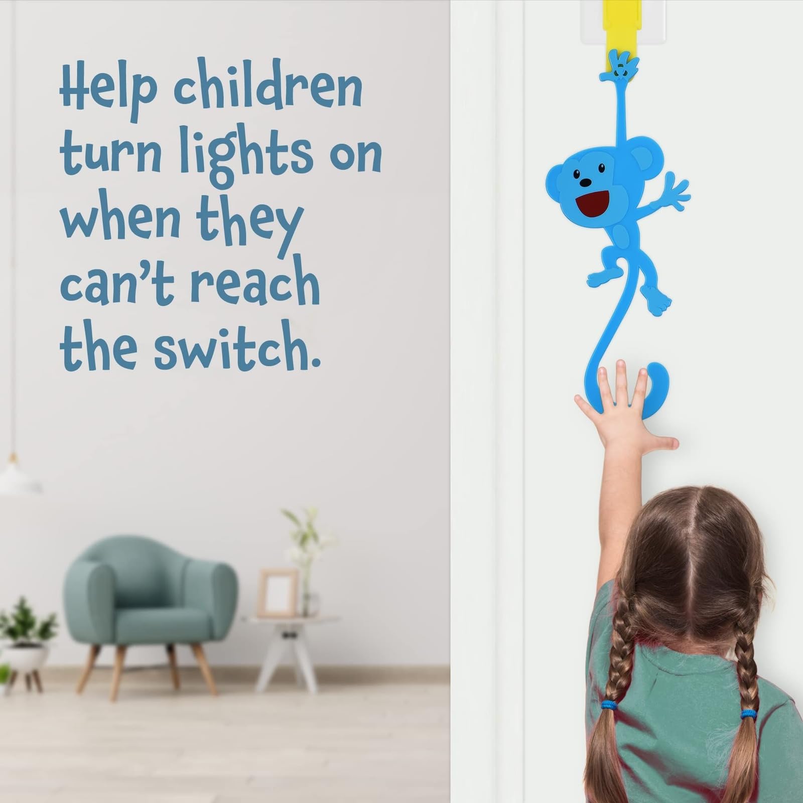 IMPRESA Monkey Light Switch Extender in yellow enables easy, kid-friendly light control.