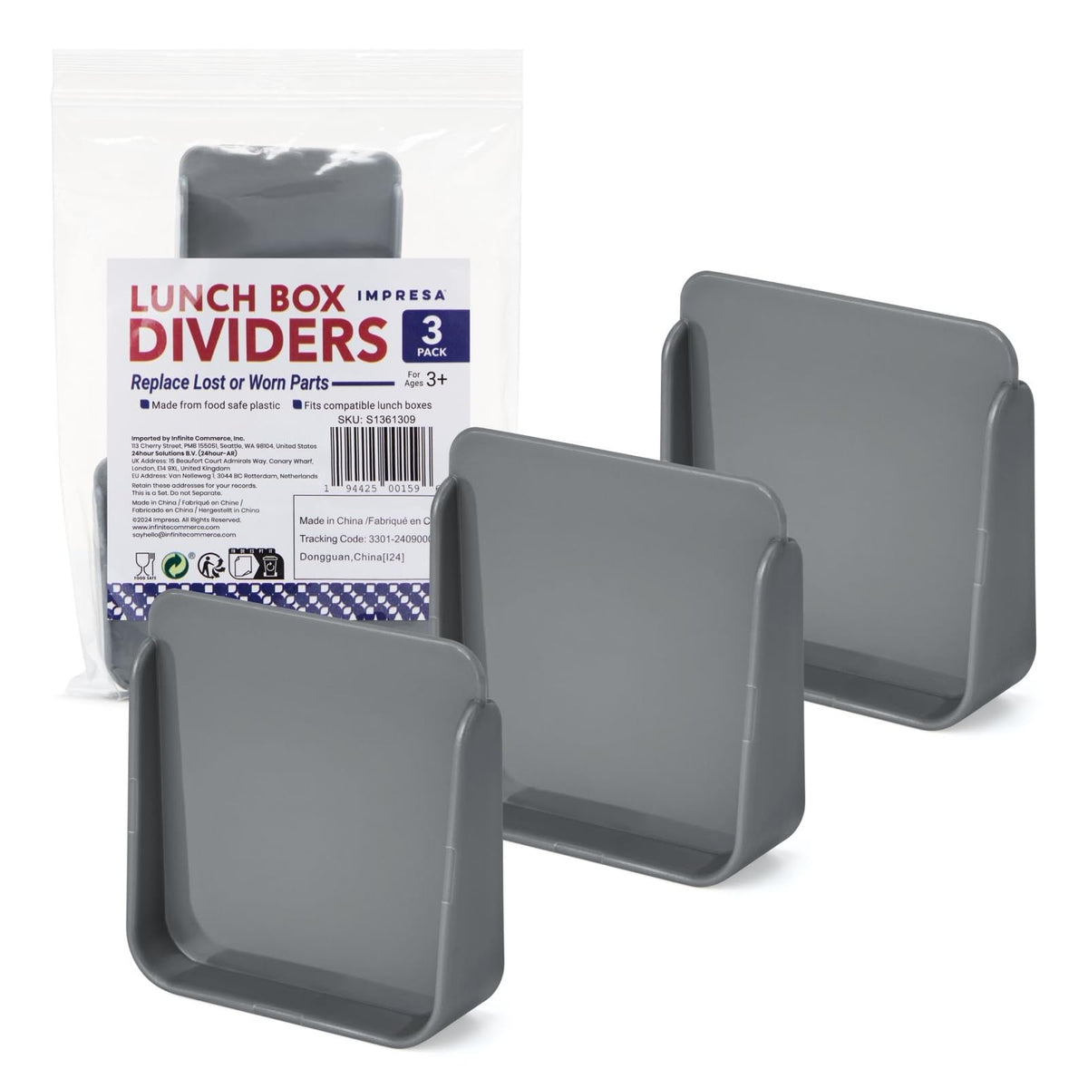 IMPRESA lunch dividers close-up showing perfect Omie fit for organized snacks.