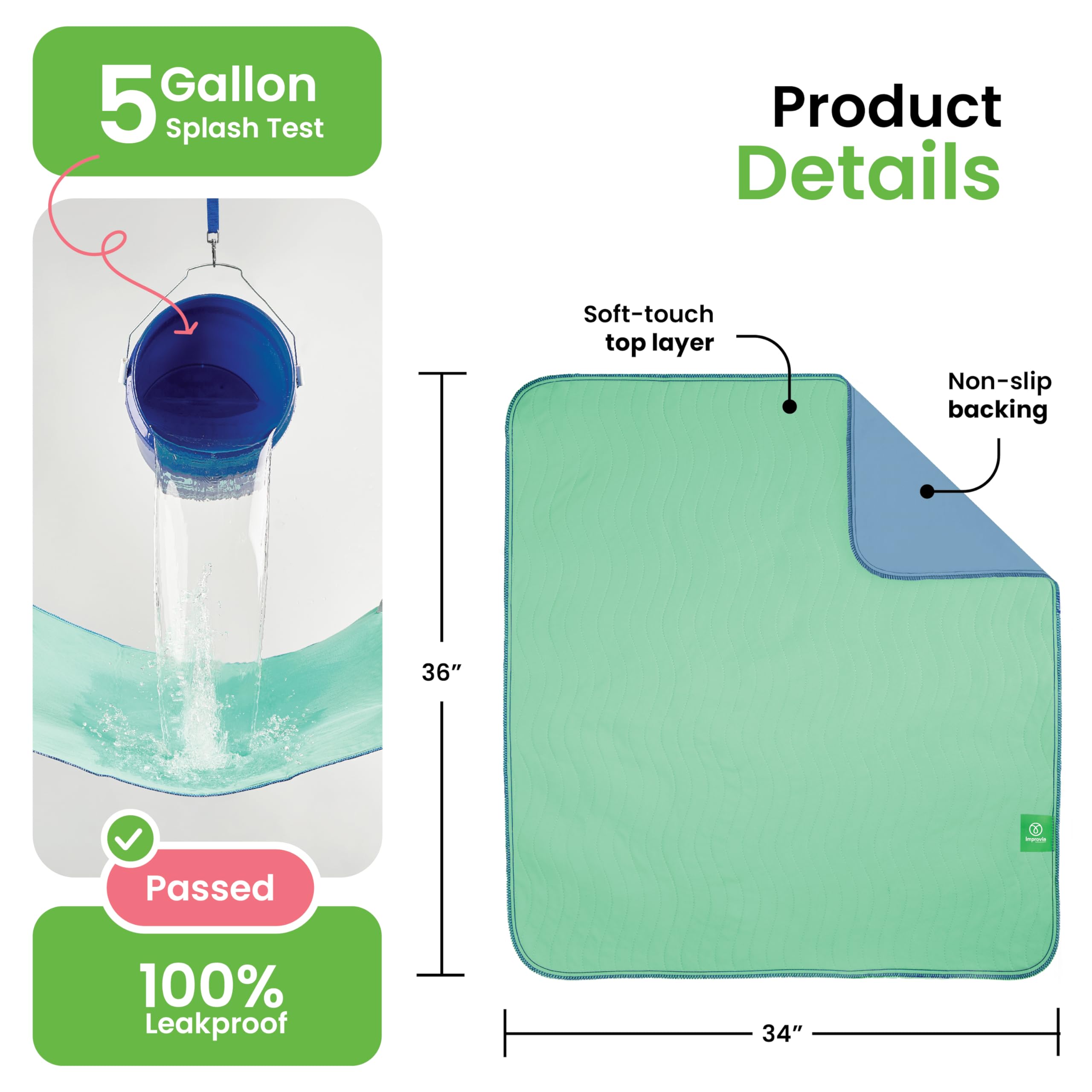 IMPROVIA 34x36 underpads displayed on sofa for leakproof protection