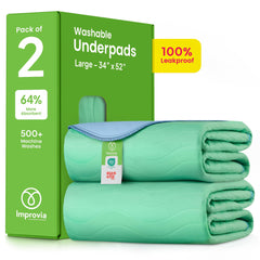 IMPROVIA washable underpads flat lay showing full-coverage bed protection against leaks