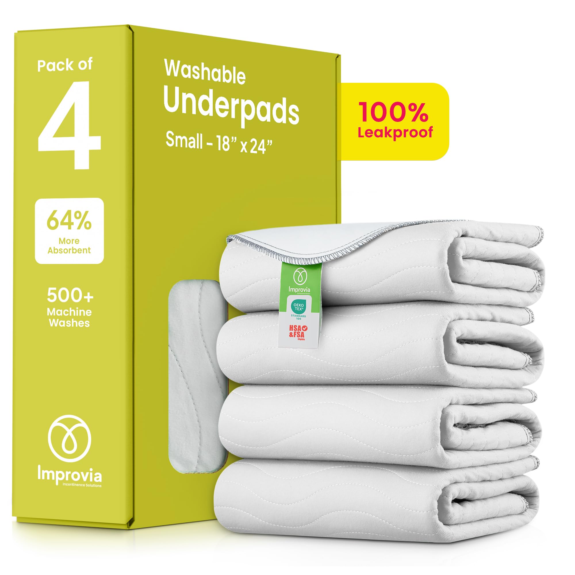 IMPROVIA washable underpads 4pack 18x24 protect surfaces during spills and accidents.