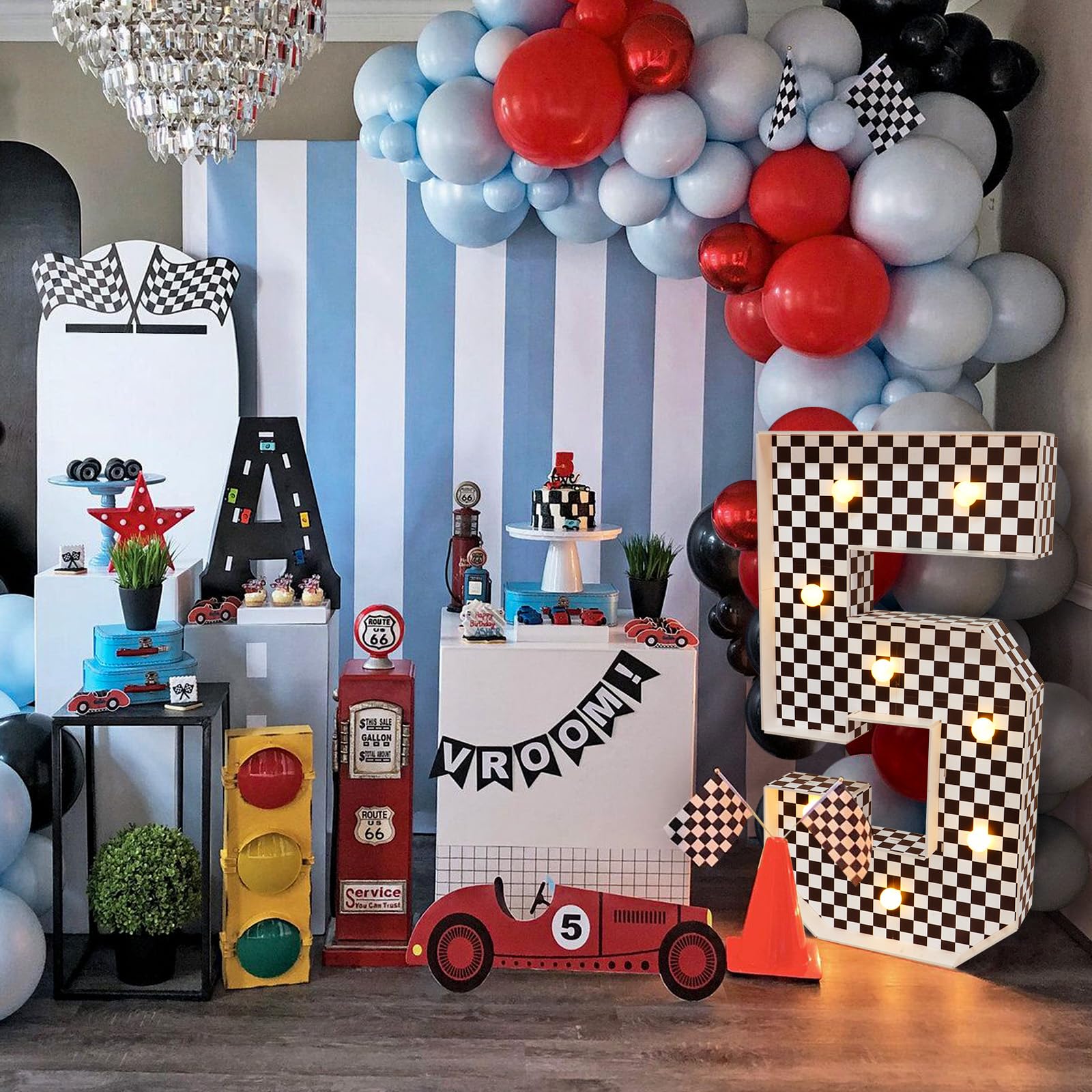 Imprsv marquee numbers race car 3ft checkered theme creates bold party backdrop.